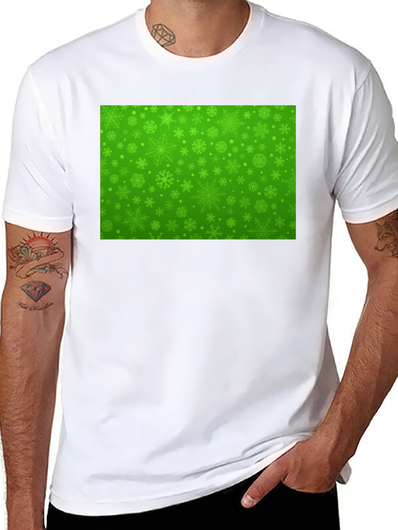 Green Snowflake Pattern Black T-Shirt