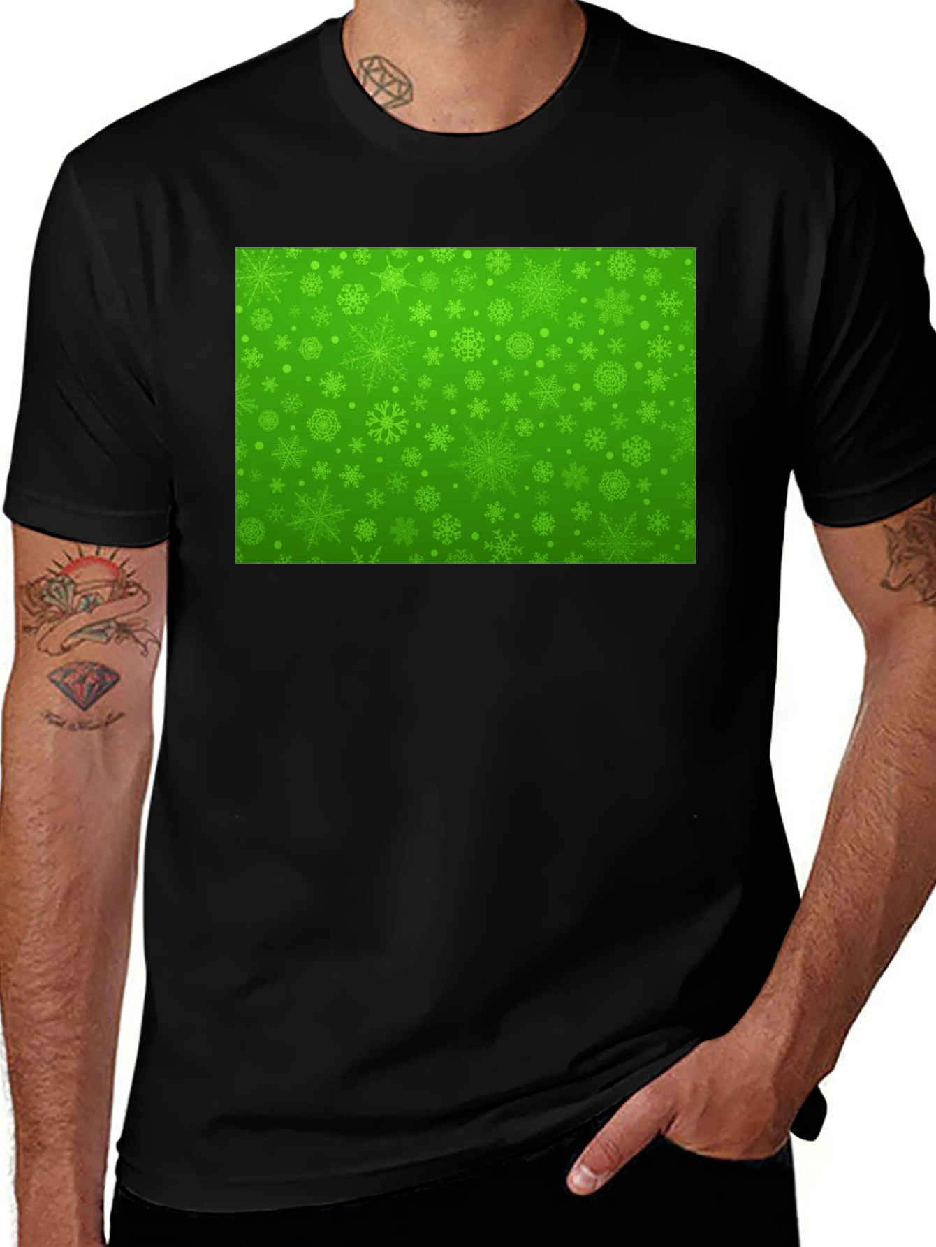 Green Snowflake Pattern Black T-Shirt