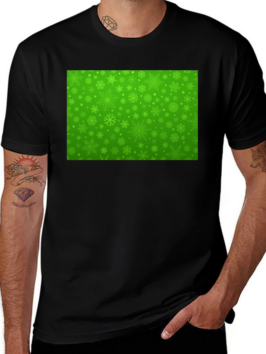 Green Snowflake Pattern Black T-Shirt