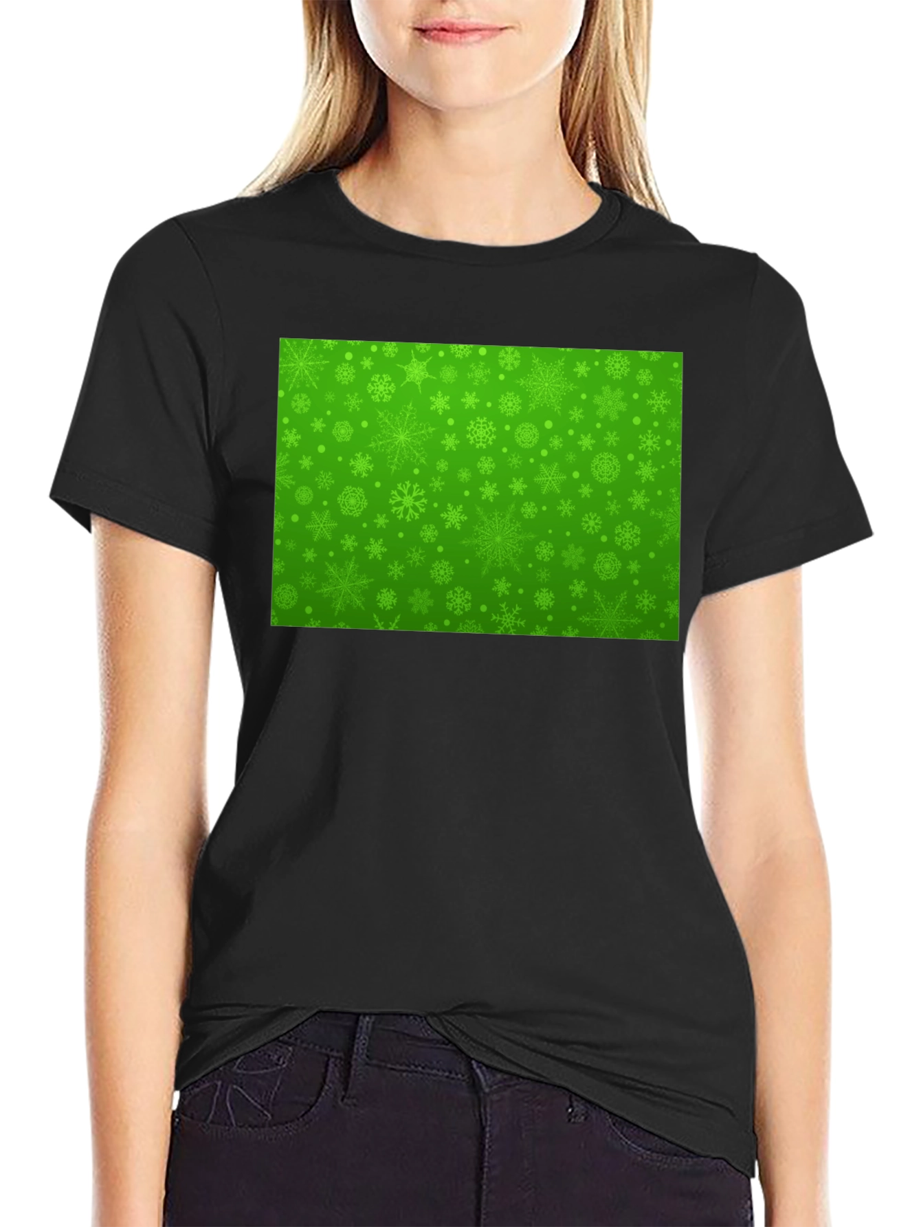 Green Snowflake Pattern Black T-Shirt