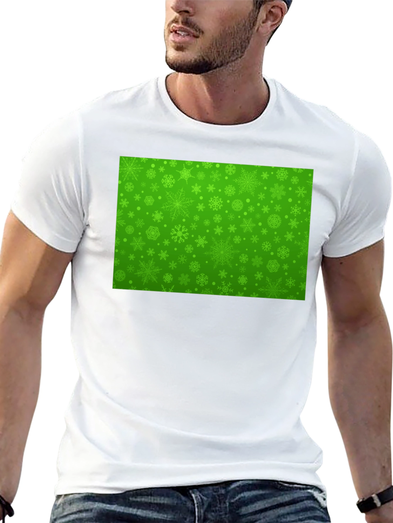 Green Snowflake Pattern Black T-Shirt