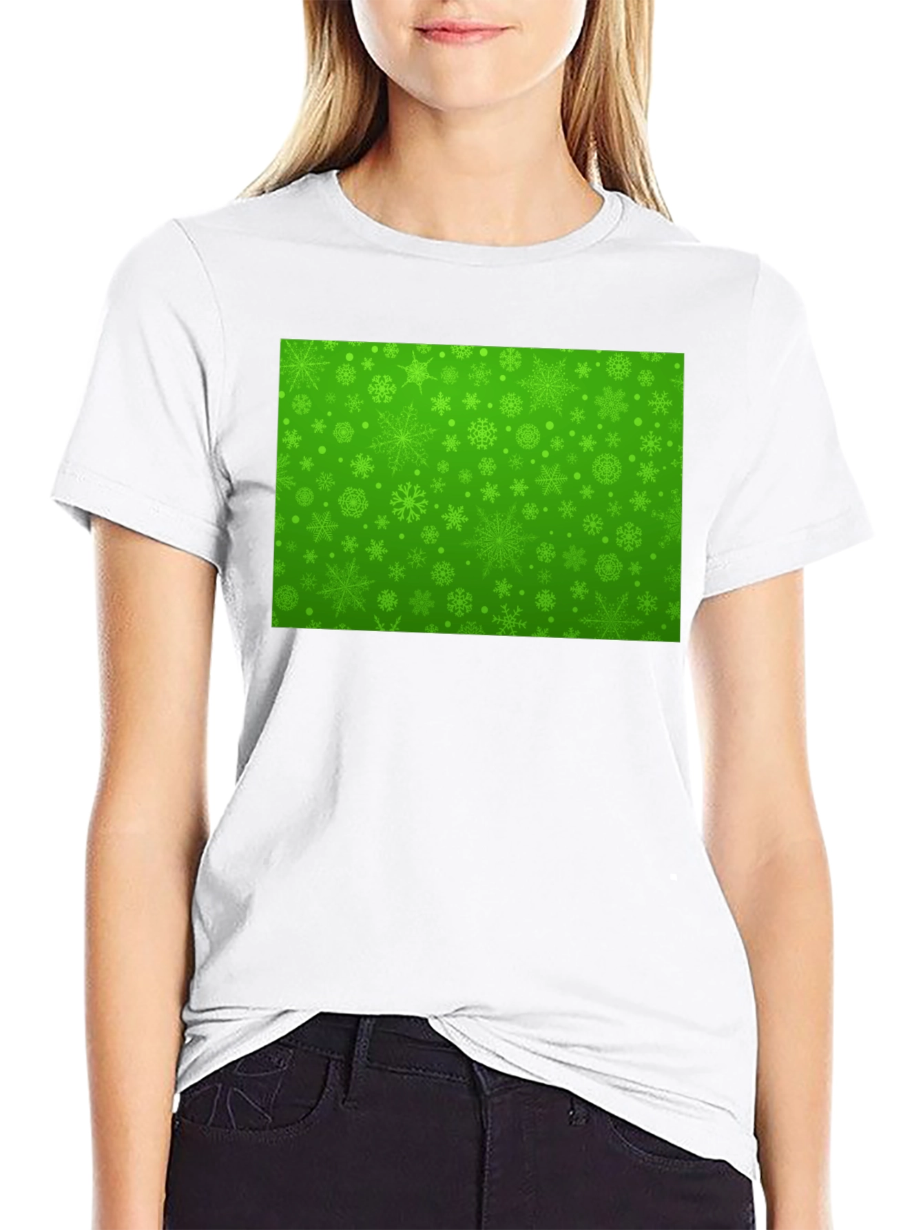 Green Snowflake Pattern Black T-Shirt