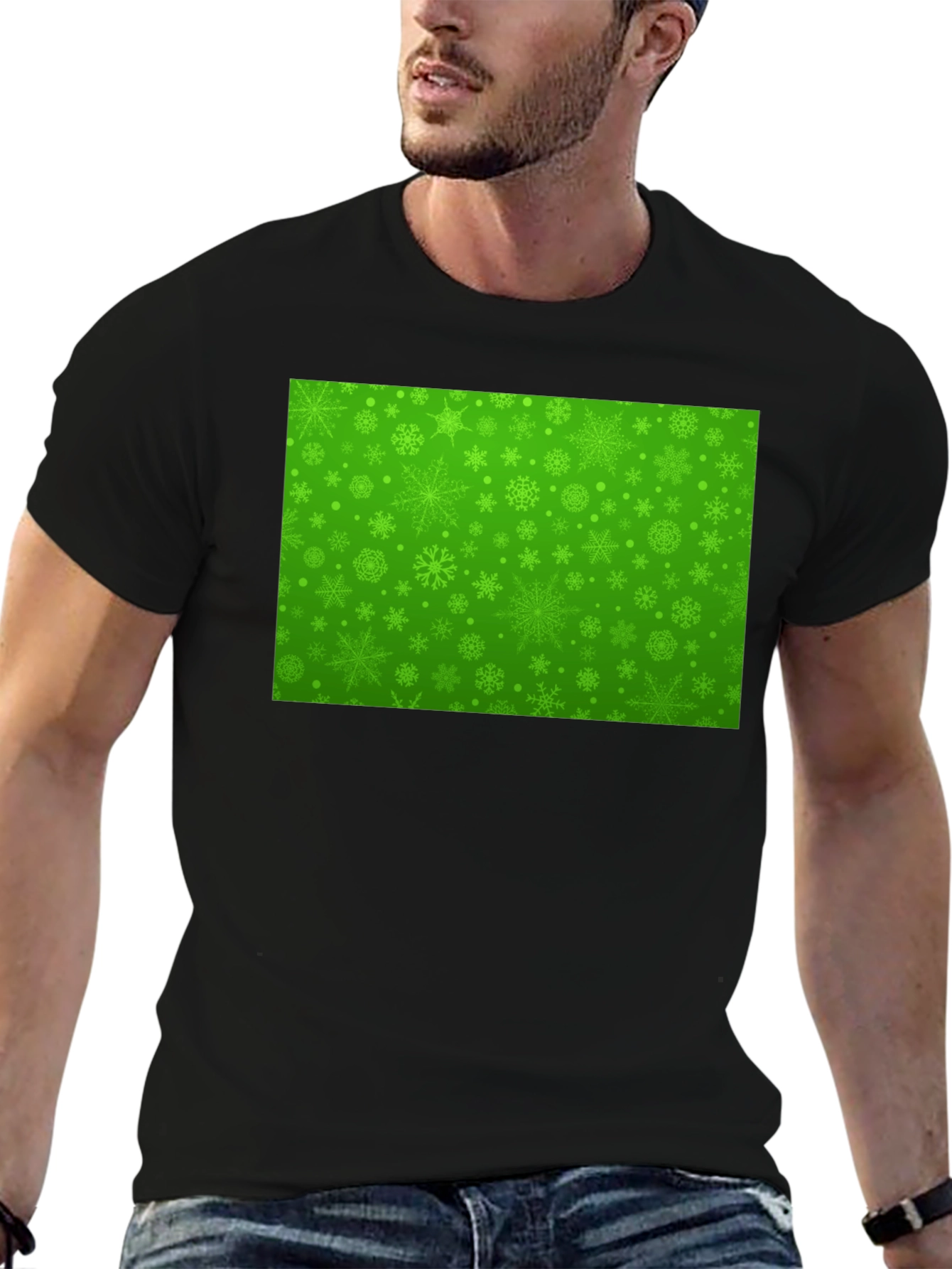 Green Snowflake Pattern Black T-Shirt