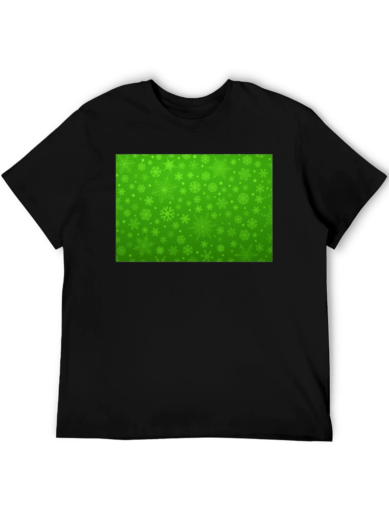 Green Snowflake Pattern Black T-Shirt
