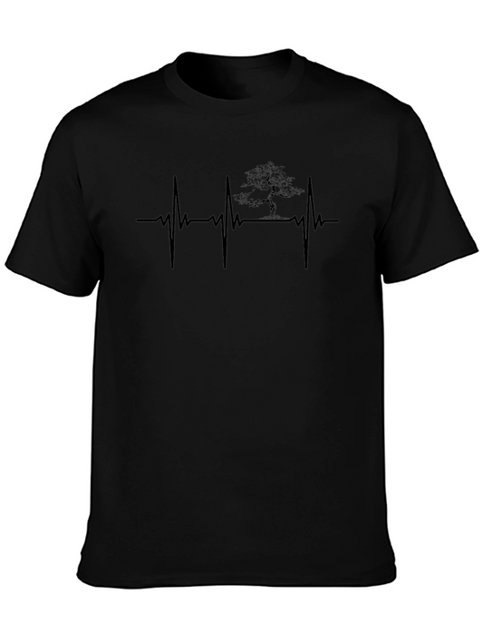 Heartbeat Bonsai Tree Graphic Tee - Black Cotton Shirt