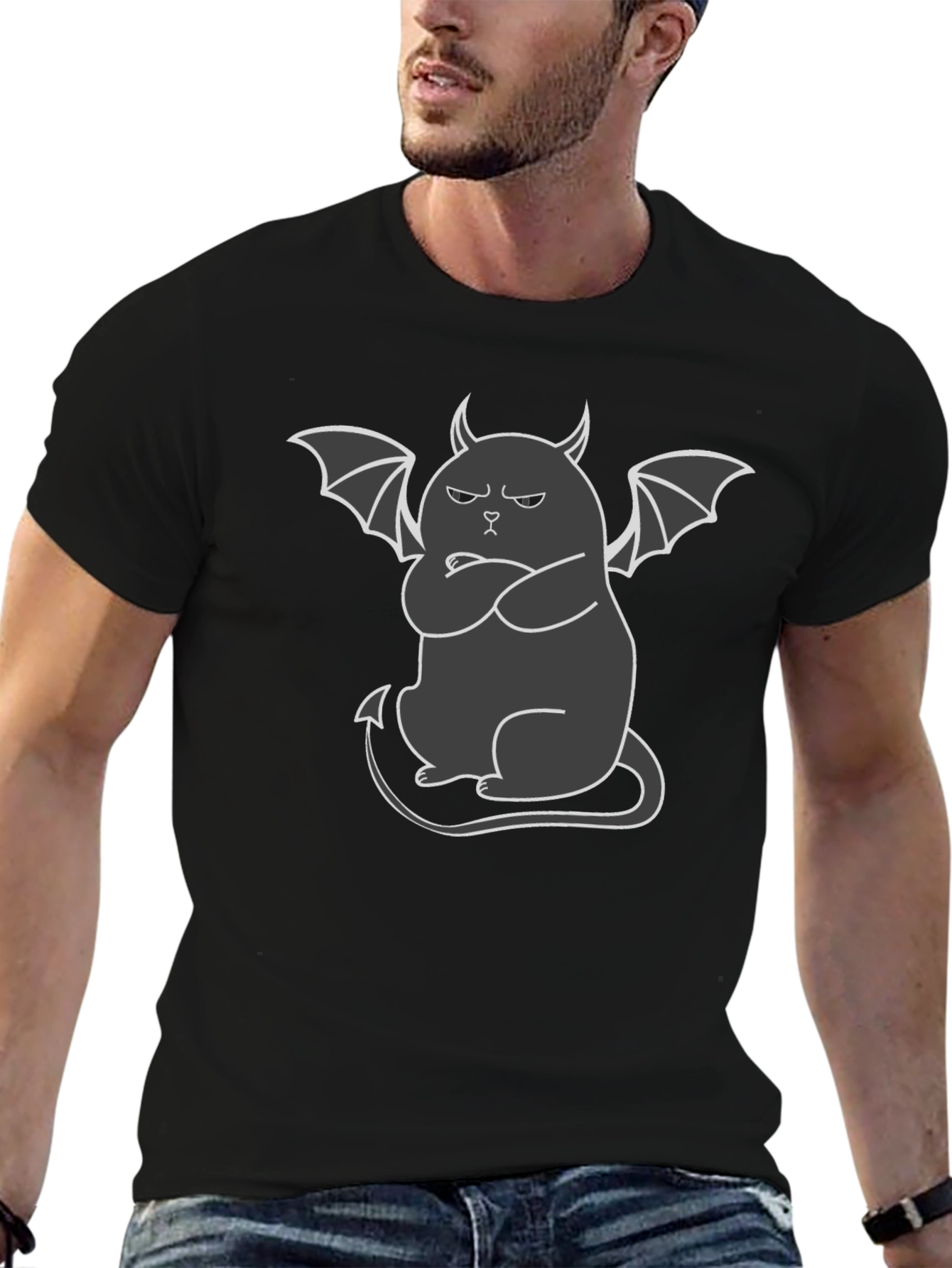 Grumpy Devil Cat T-Shirt - Mens Black Tee