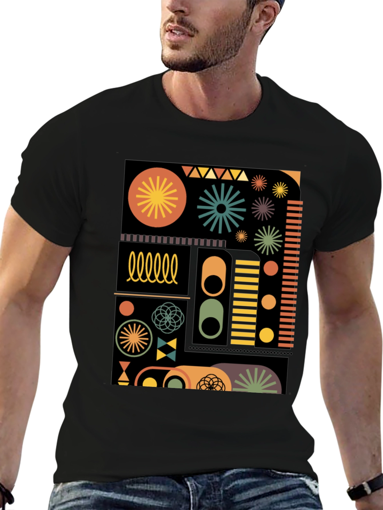 Geometric Pattern Tee - Retro Style Black T-Shirt