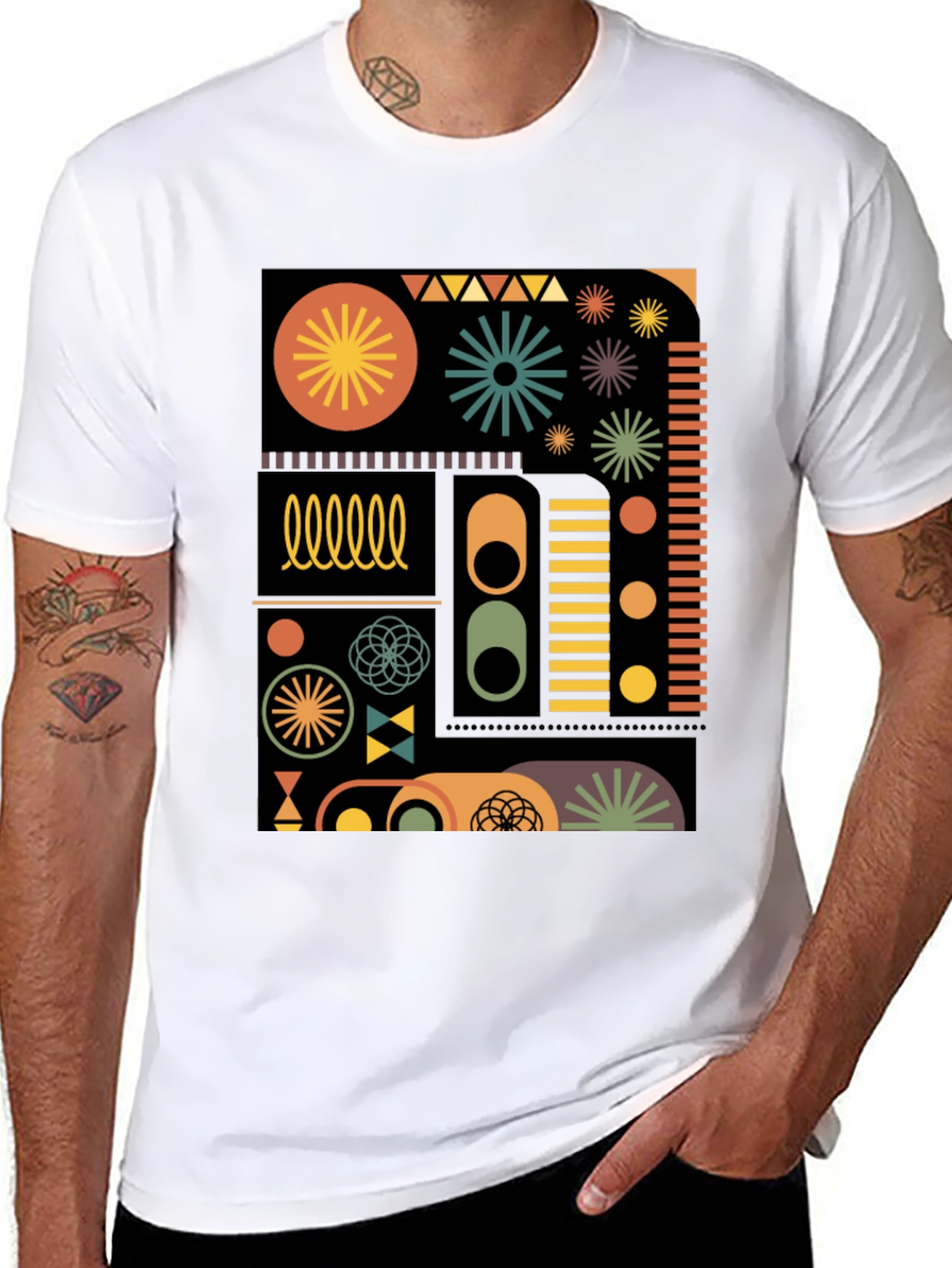 Geometric Pattern Tee - Retro Style Black T-Shirt