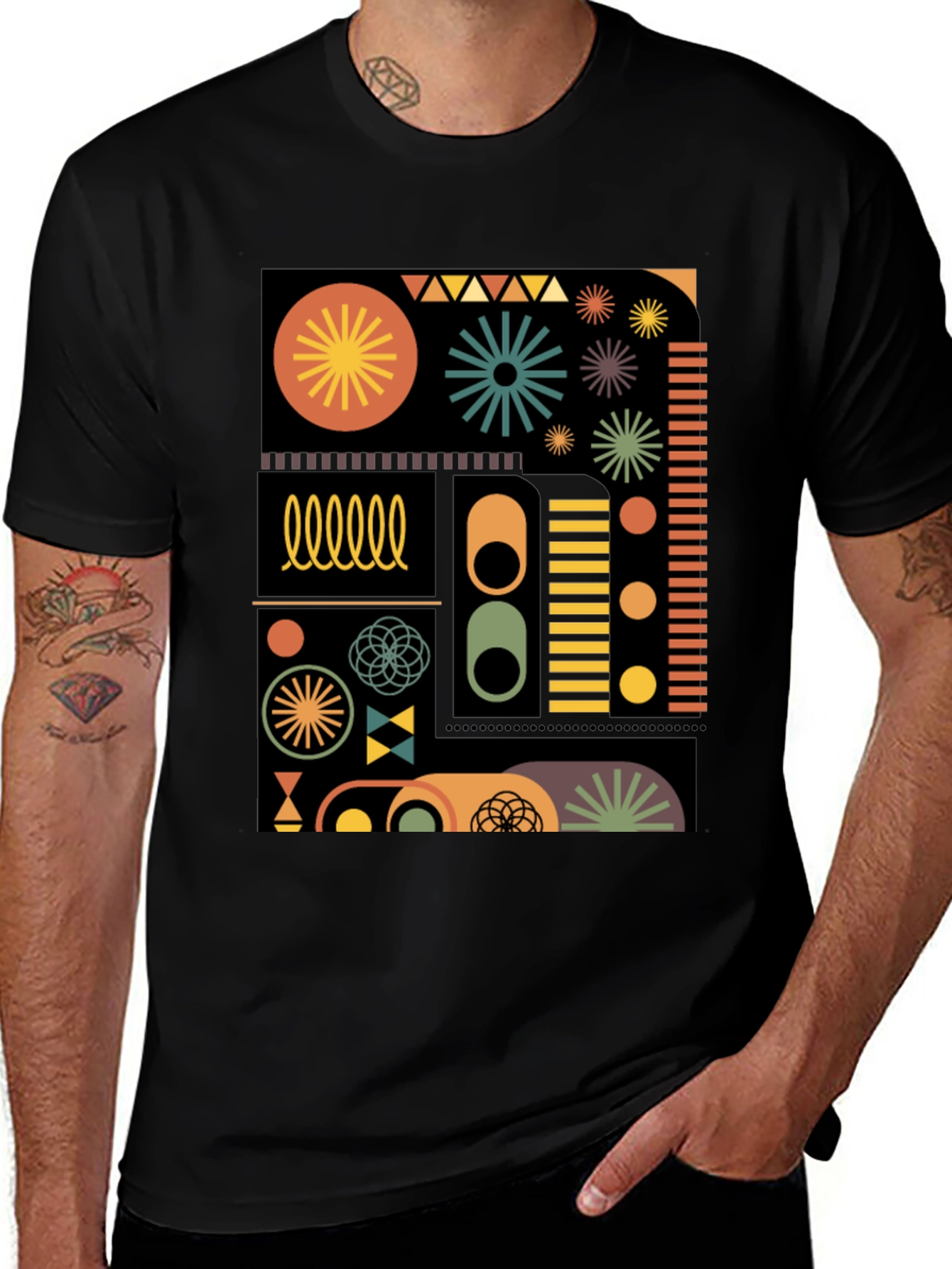 Geometric Pattern Tee - Retro Style Black T-Shirt