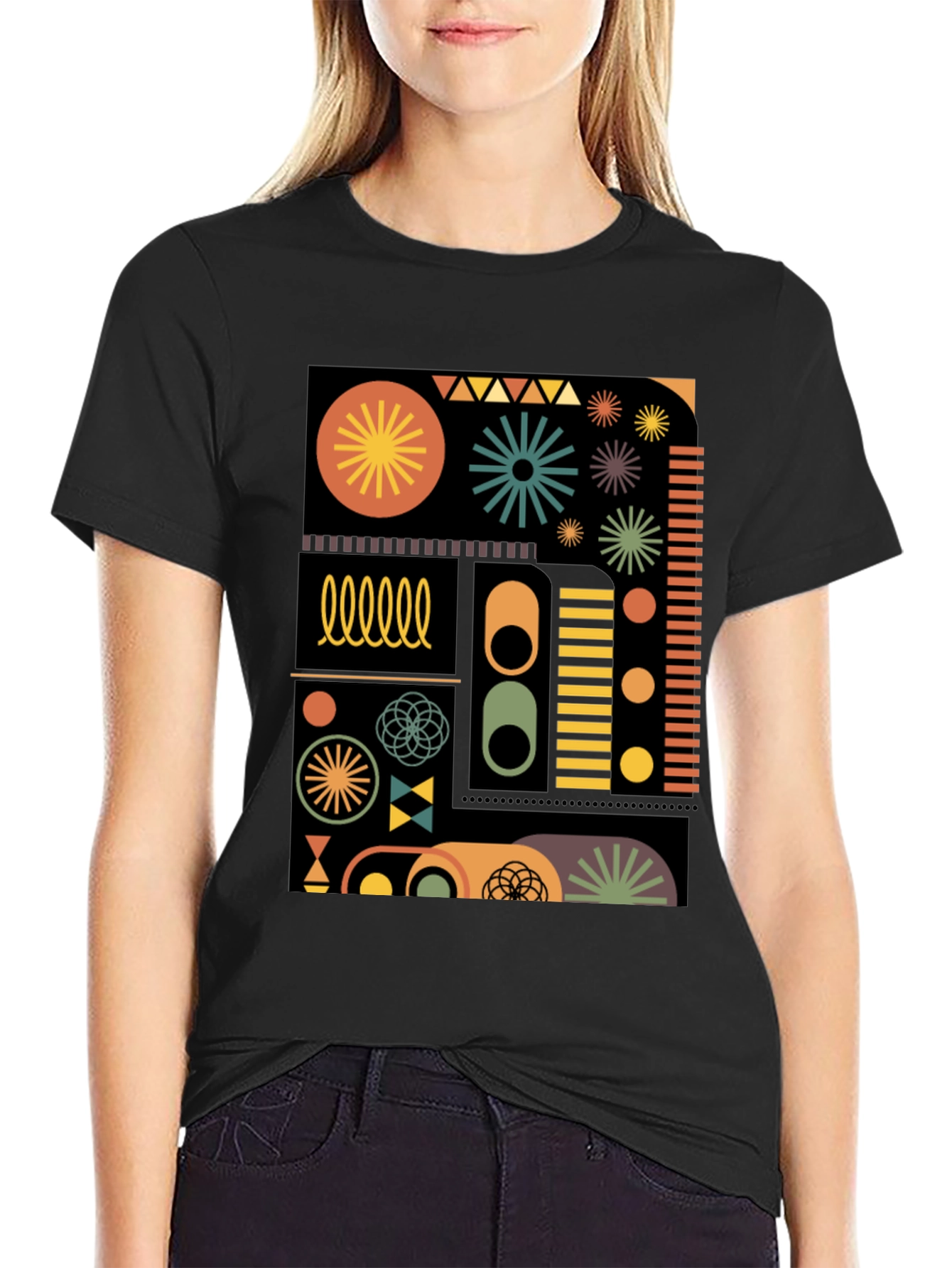 Geometric Pattern Tee - Retro Style Black T-Shirt