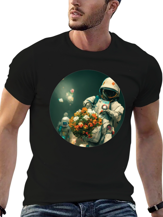 Astronaut with Flowers Graphic Tee - Black