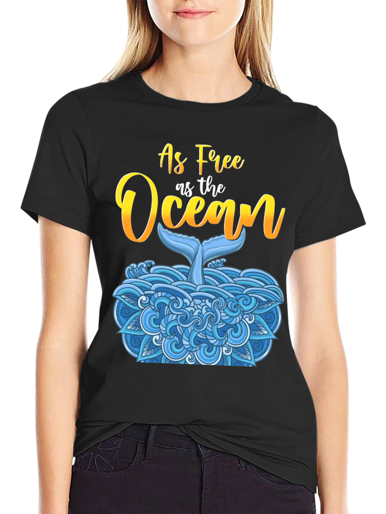 As Free As The Ocean Whale Tail Black T-Shirt