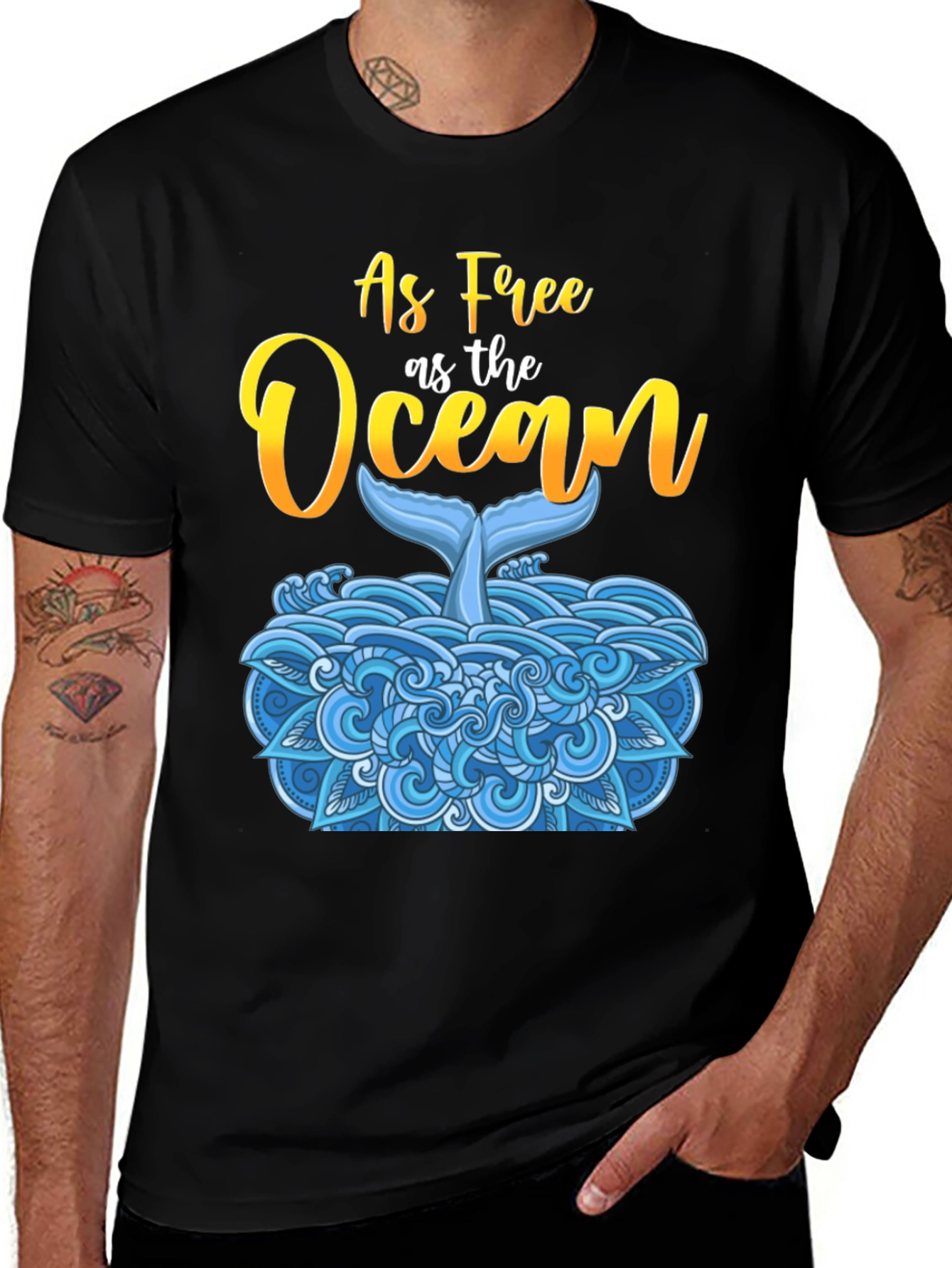 As Free As The Ocean Whale Tail Black T-Shirt