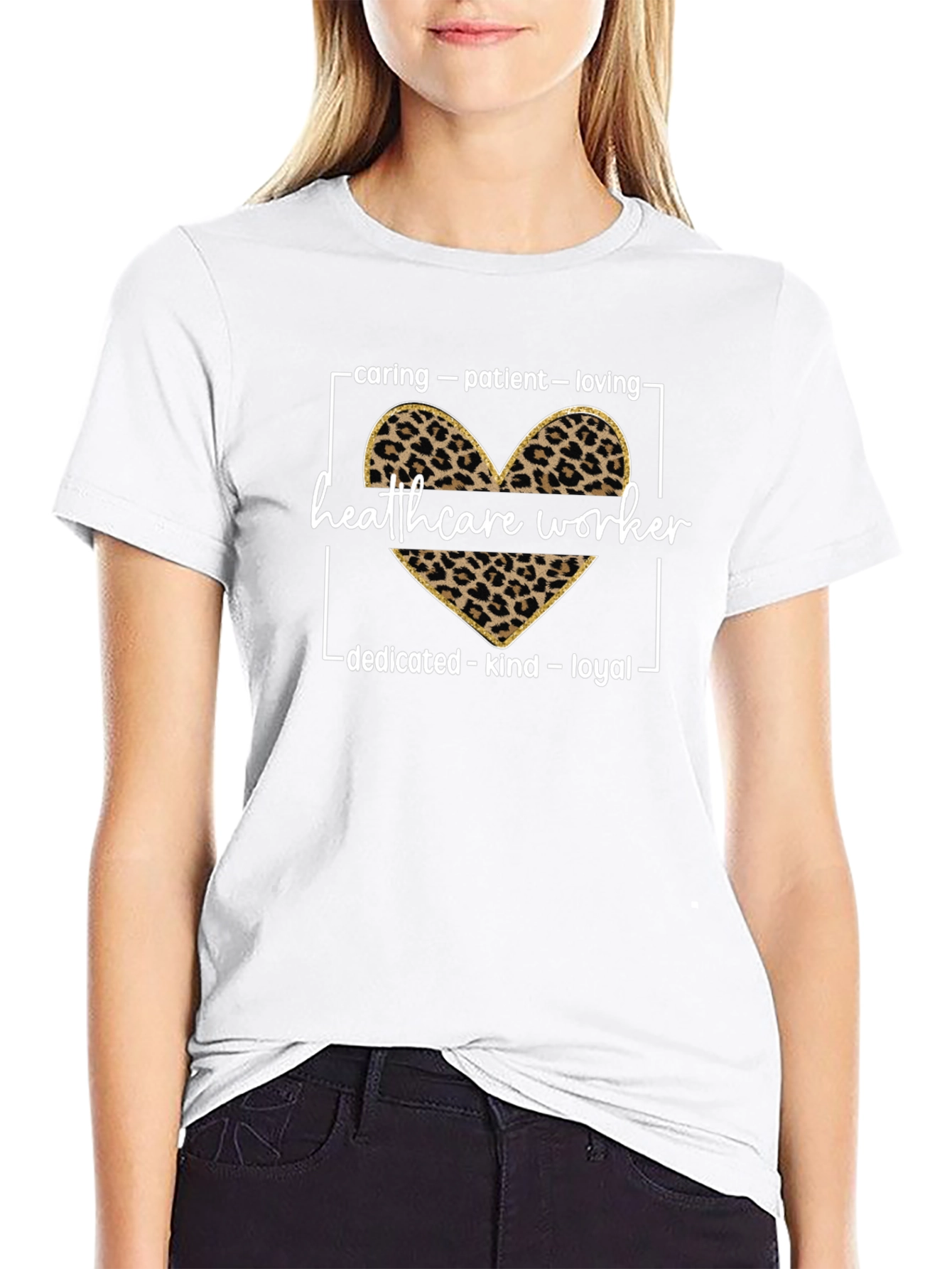 Healthcare Worker Leopard Heart Graphic T-Shirt