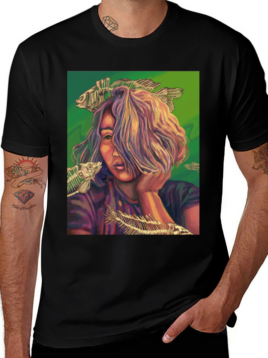 Artistic Woman & Fish Bones Graphic Tee - Unique Design