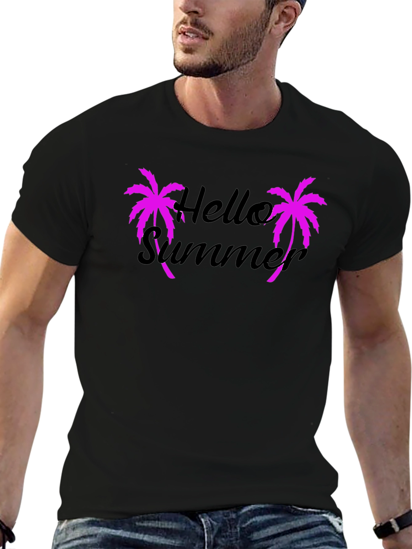 Hello Summer Graphic Tee - Pink Palm Trees