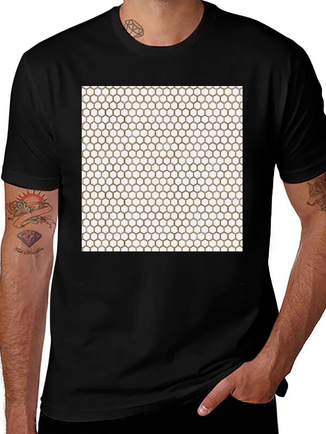 Geometric Hexagon Pattern Black T-Shirt