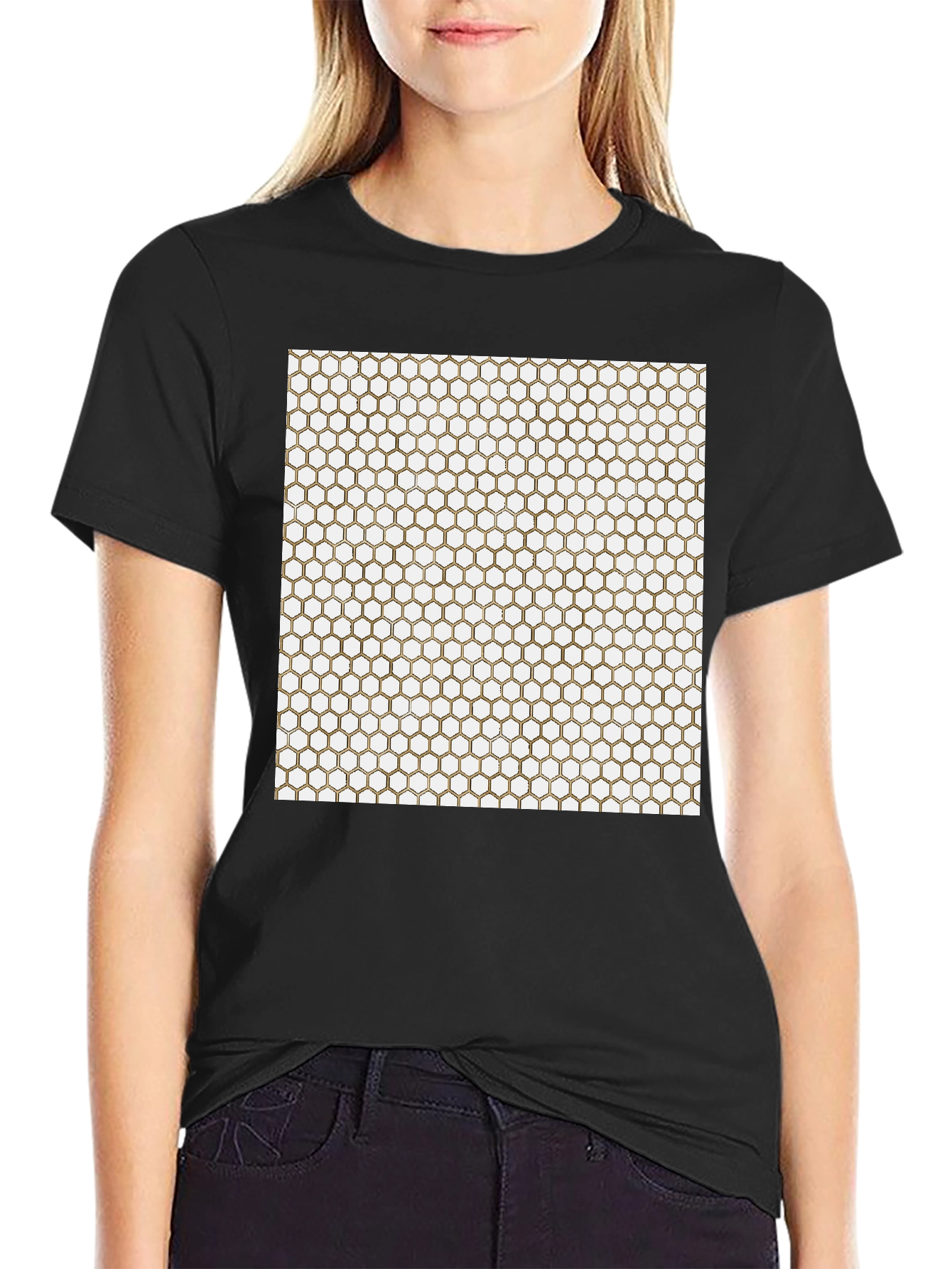 Geometric Hexagon Pattern Black T-Shirt