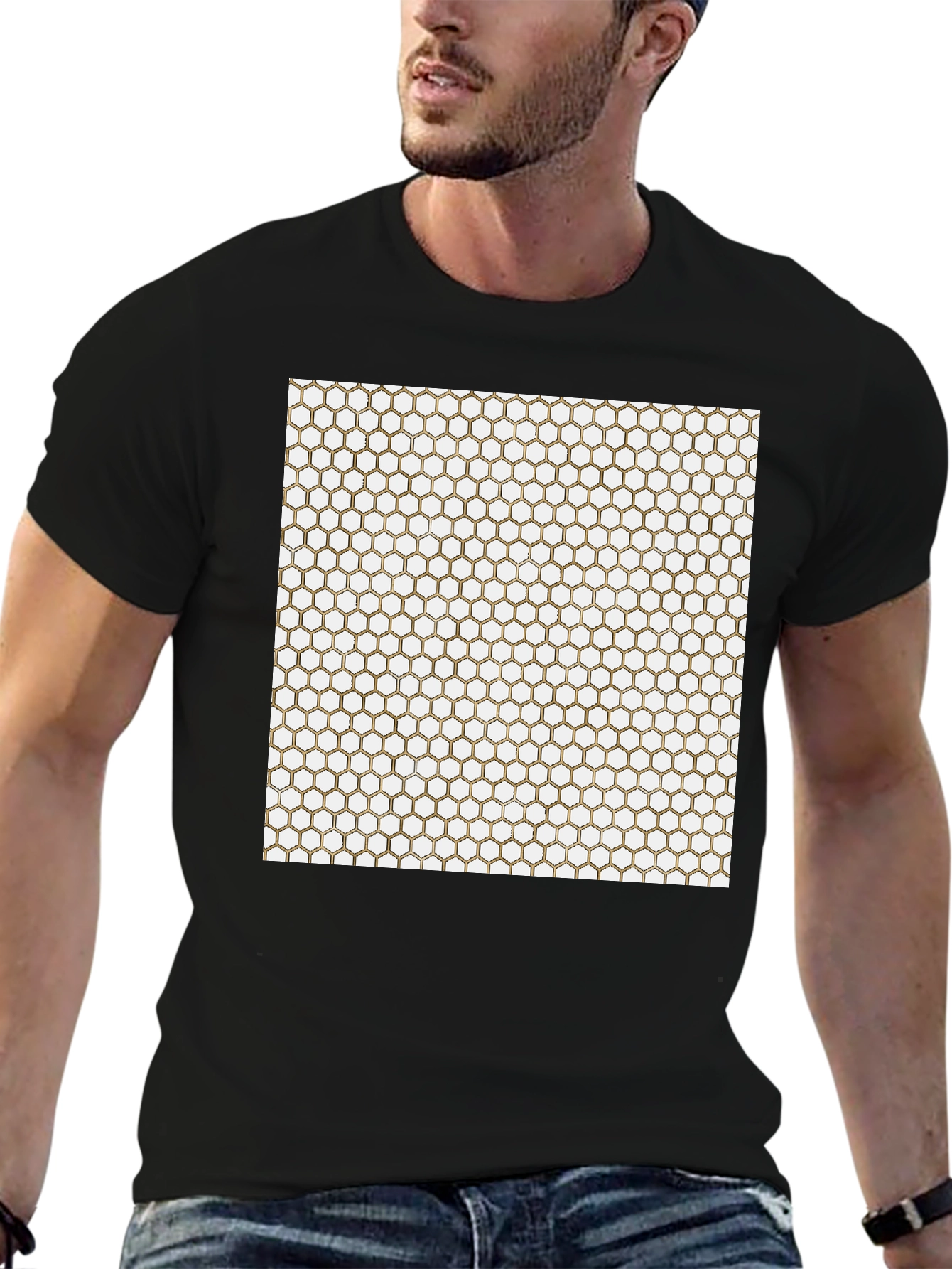 Geometric Hexagon Pattern Black T-Shirt