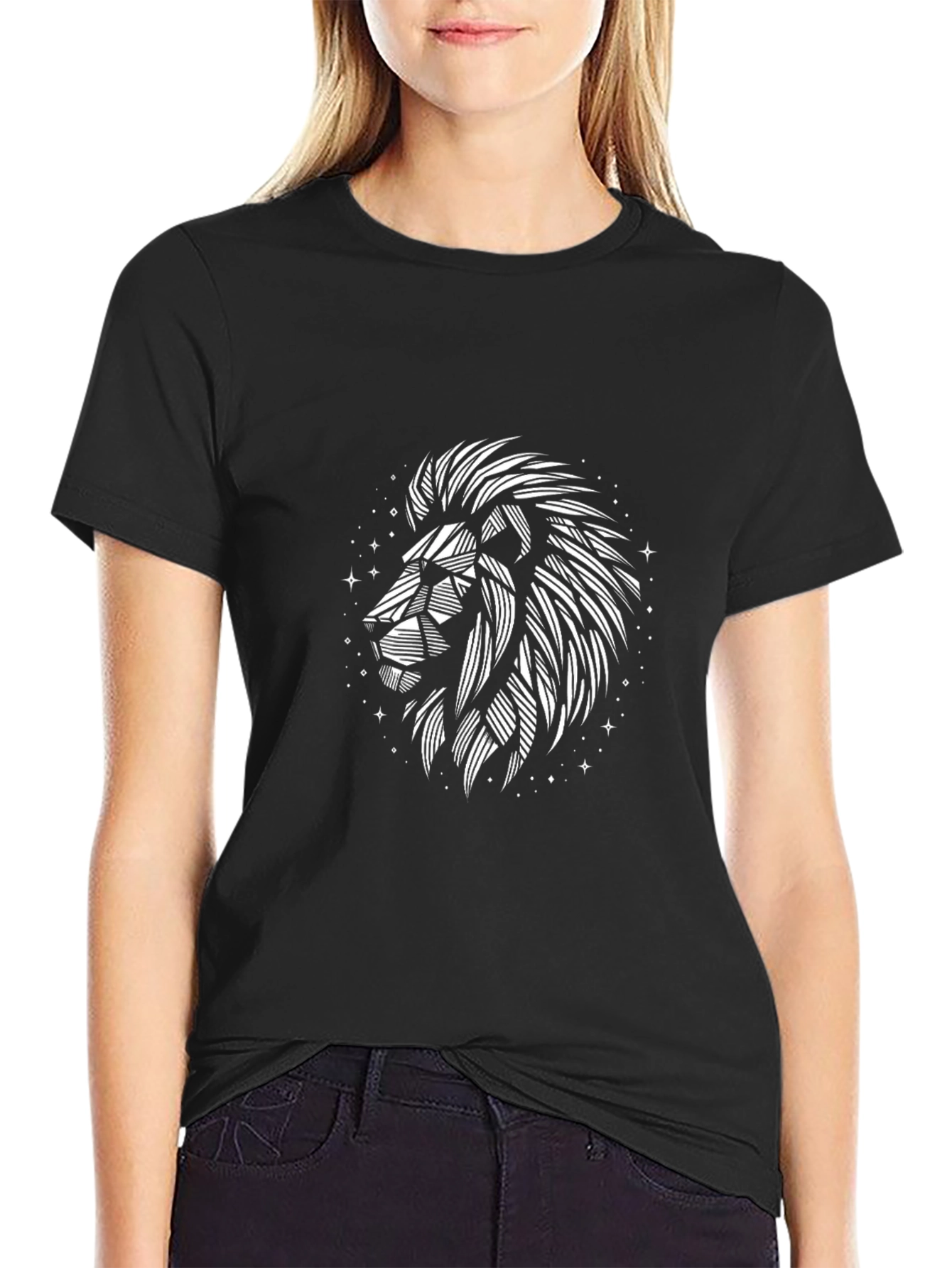 Geometric Lion Graphic Print Black T-Shirt