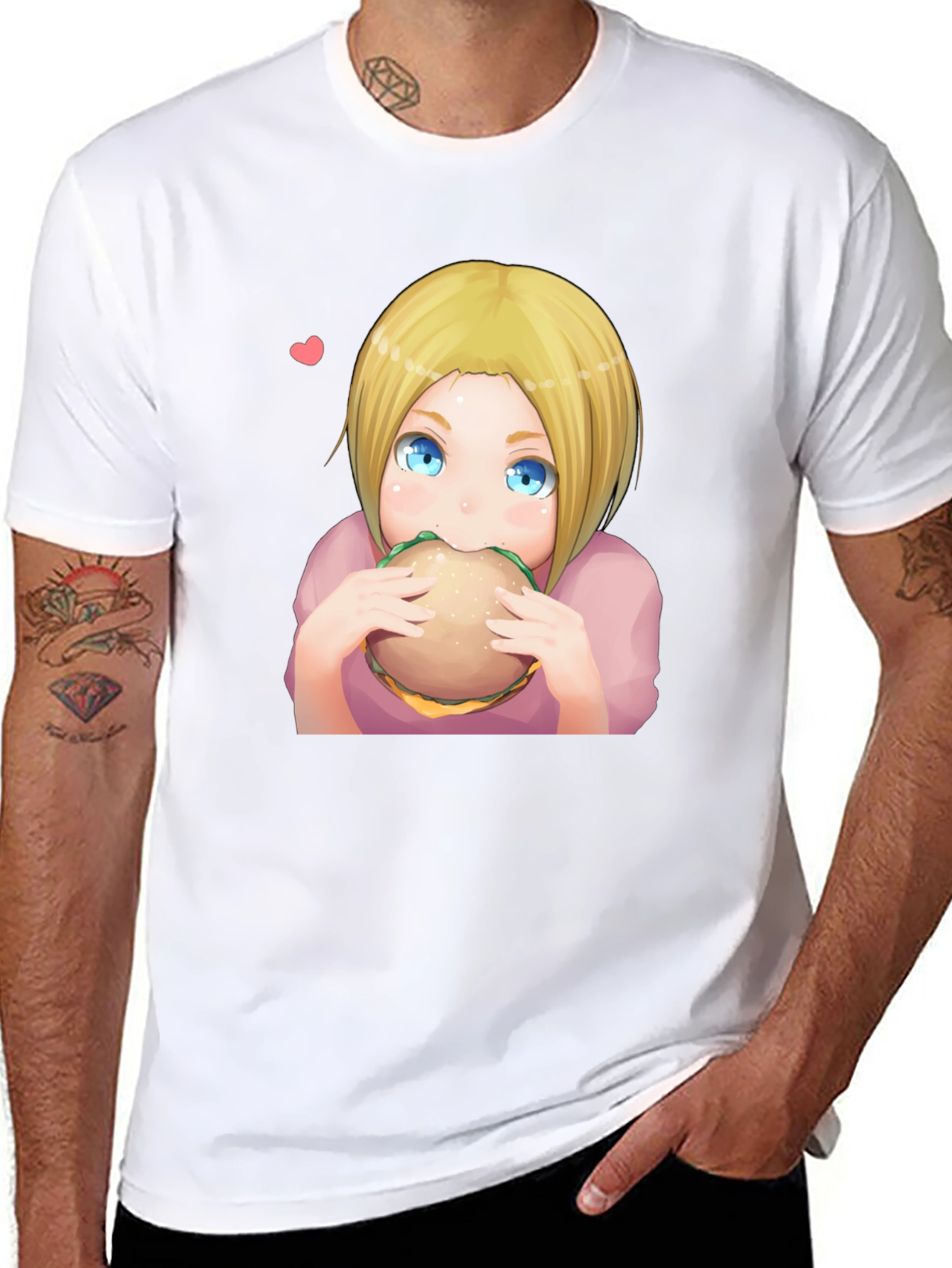 Anime Girl Eating Burger Graphic T-Shirt - Black