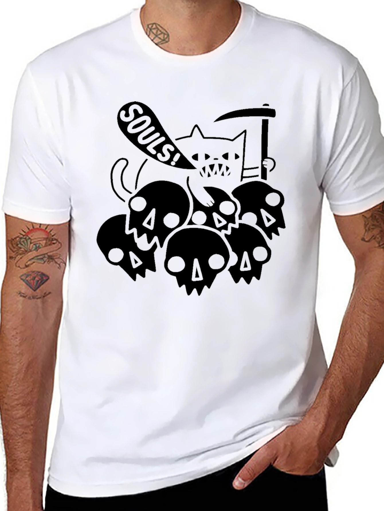 Grim Reaper Cat Skulls SOULS! Black T-Shirt