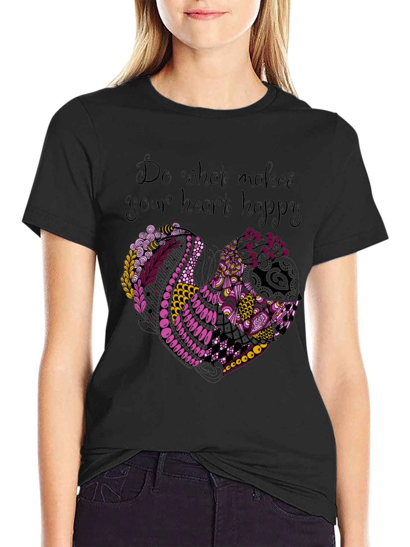Heart Happy Graphic Tee - Black Cotton Blend T-Shirt
