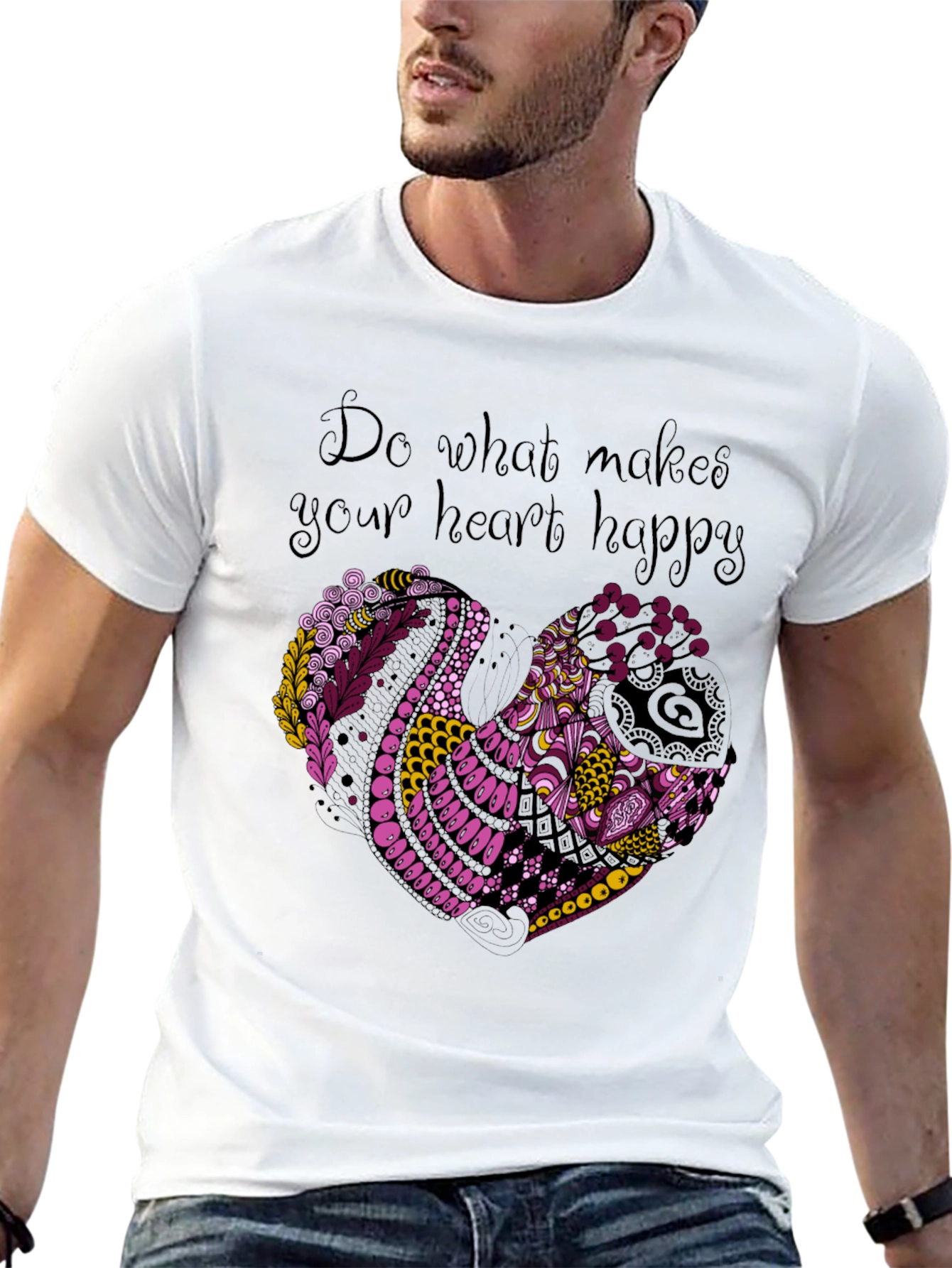 Heart Happy Graphic Tee - Black Cotton Blend T-Shirt
