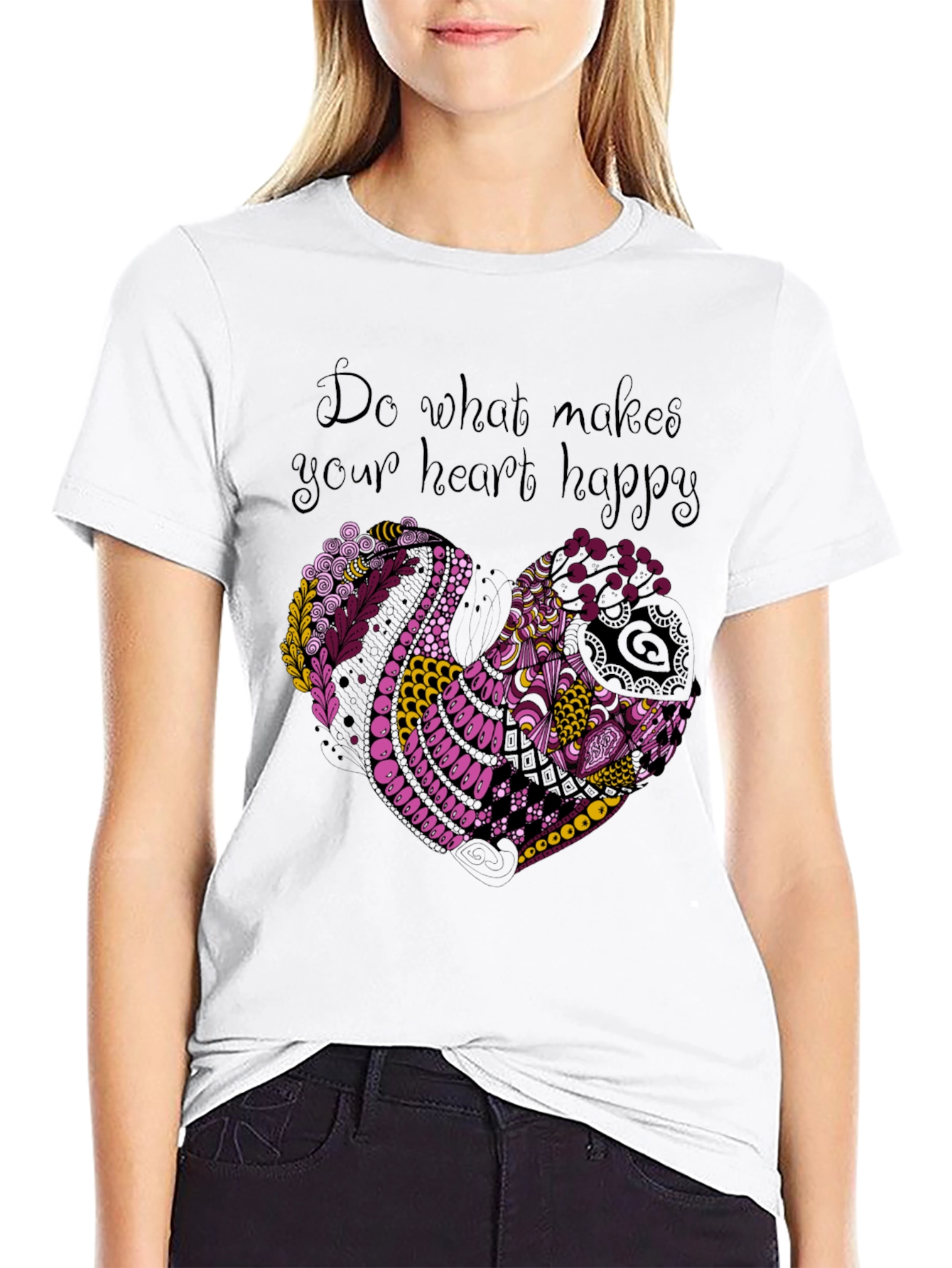 Heart Happy Graphic Tee - Black Cotton Blend T-Shirt