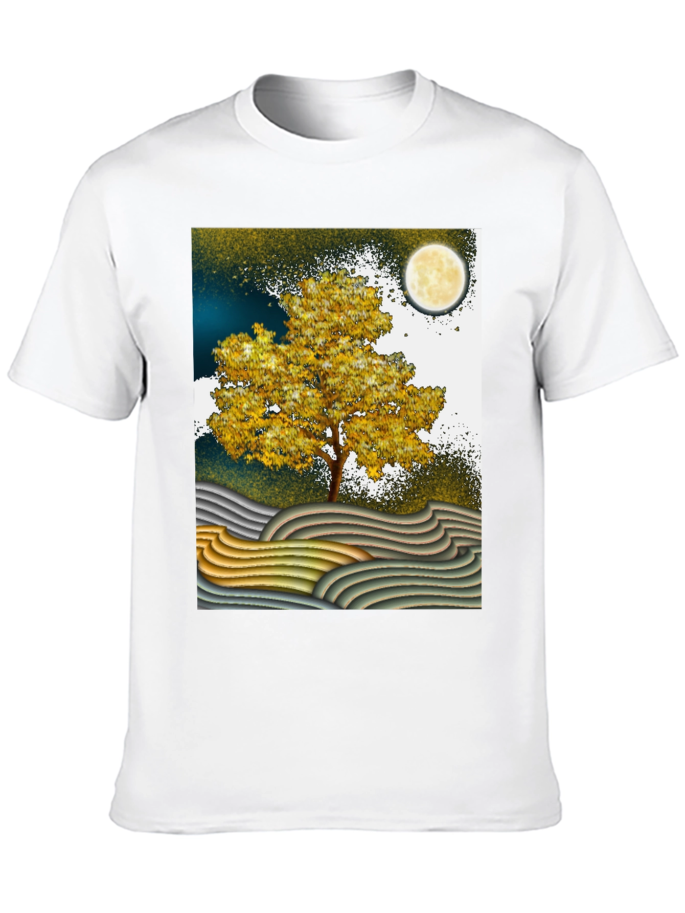 Artistic Landscape T-Shirt: Tree Moon and Waves