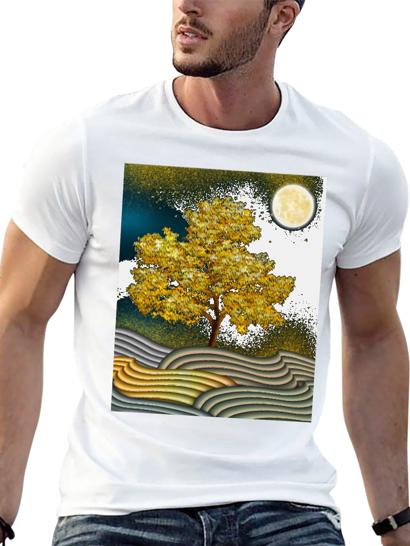 Artistic Landscape T-Shirt: Tree Moon and Waves