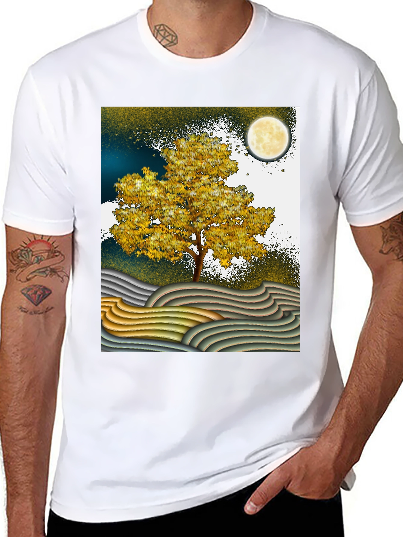 Artistic Landscape T-Shirt: Tree Moon and Waves