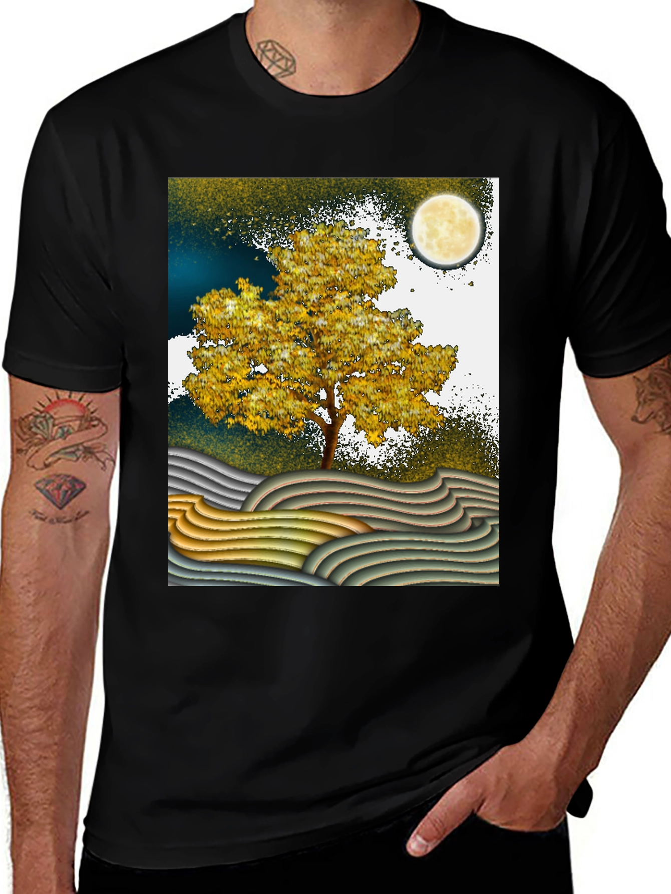 Artistic Landscape T-Shirt: Tree Moon and Waves