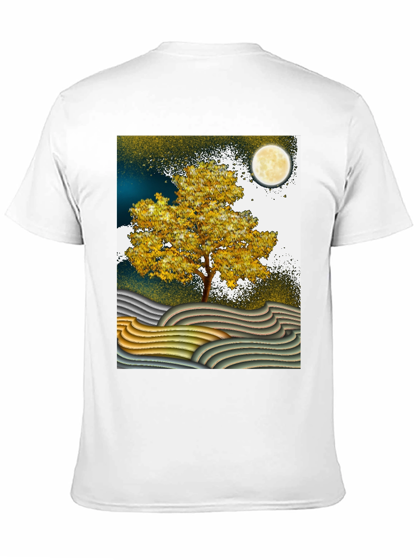 Artistic Landscape T-Shirt: Tree Moon and Waves