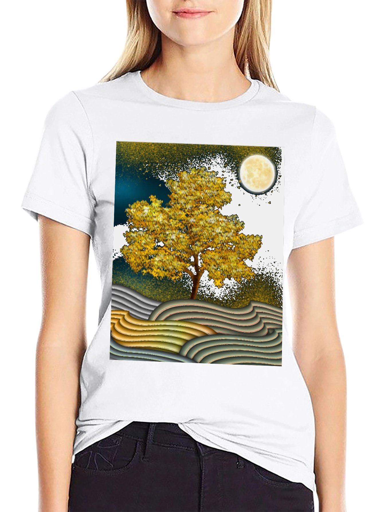 Artistic Landscape T-Shirt: Tree Moon and Waves