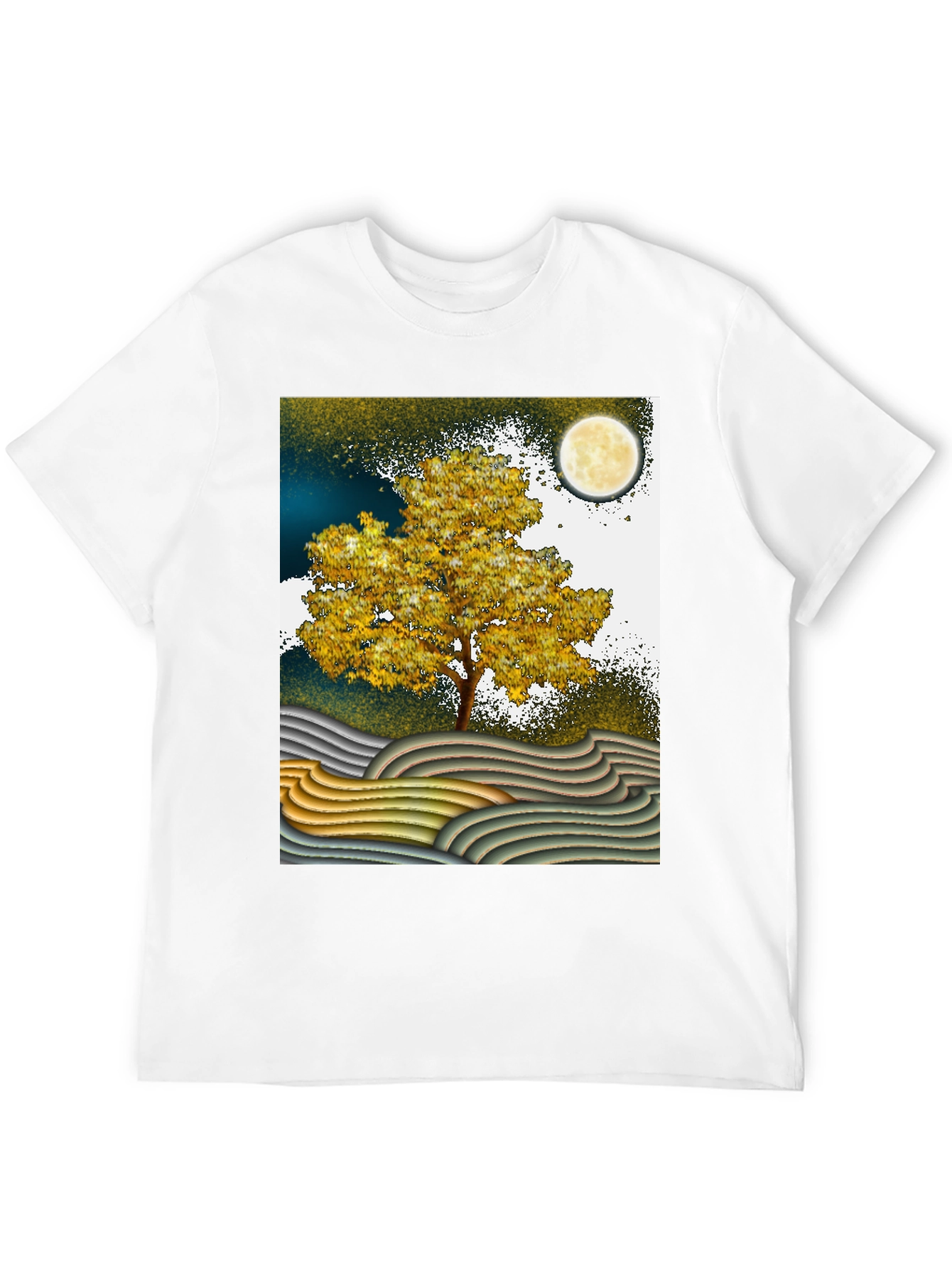 Artistic Landscape T-Shirt: Tree Moon and Waves
