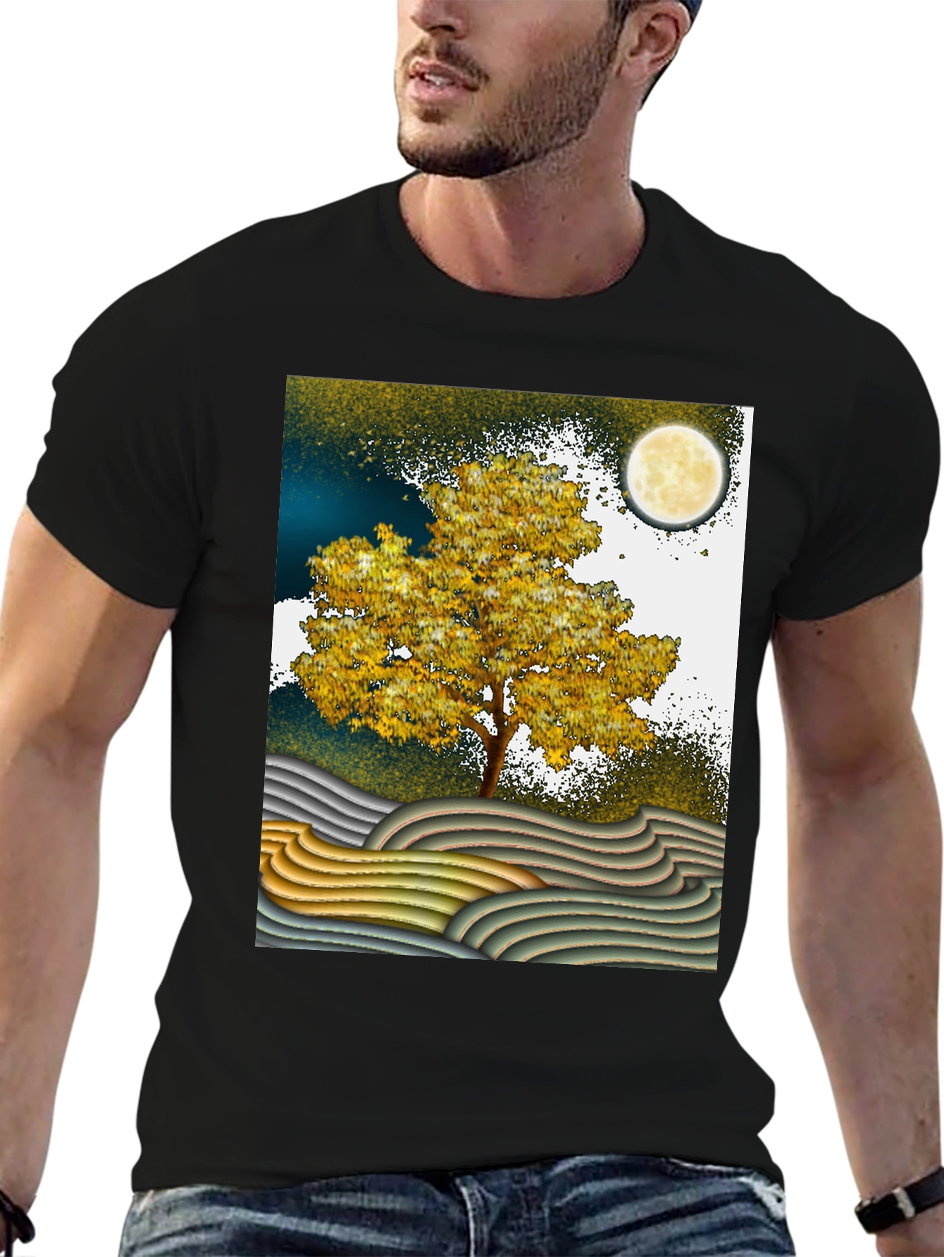 Artistic Landscape T-Shirt: Tree Moon and Waves