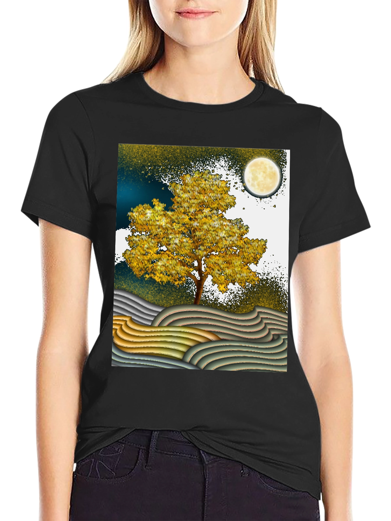 Artistic Landscape T-Shirt: Tree Moon and Waves