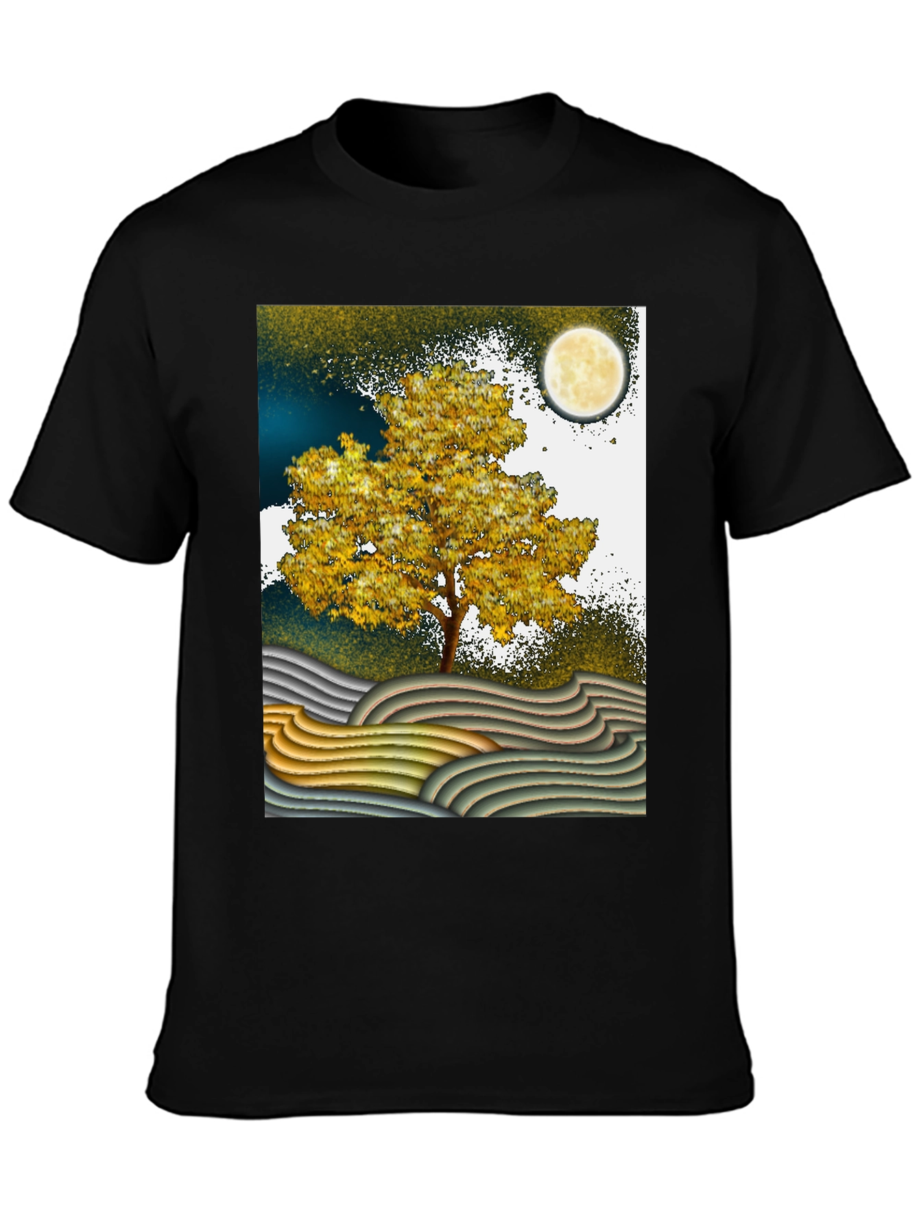 Artistic Landscape T-Shirt: Tree Moon and Waves