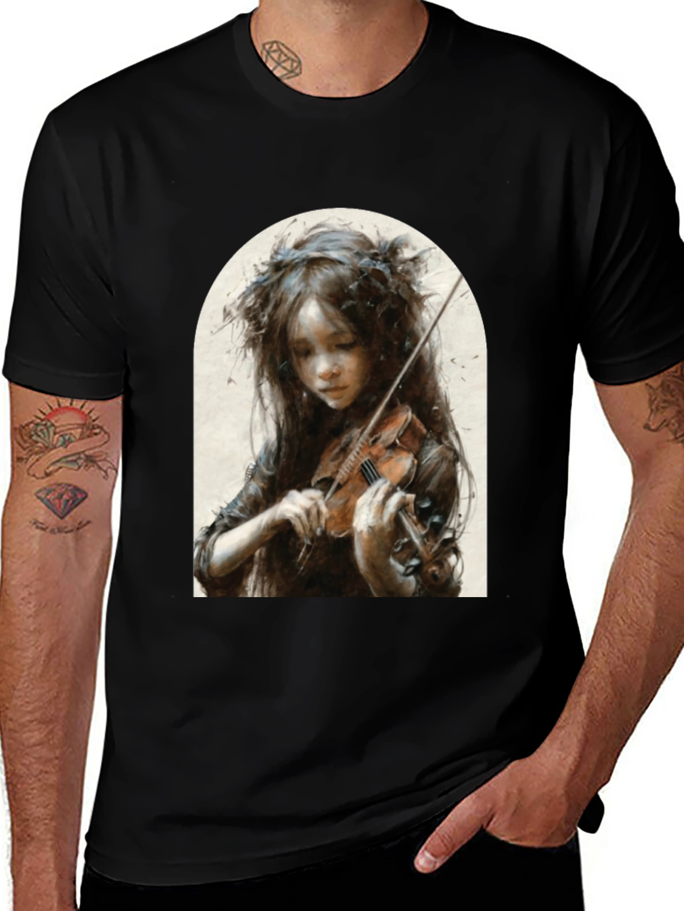 Girl Playing Violin Graphic T-Shirt - Black
