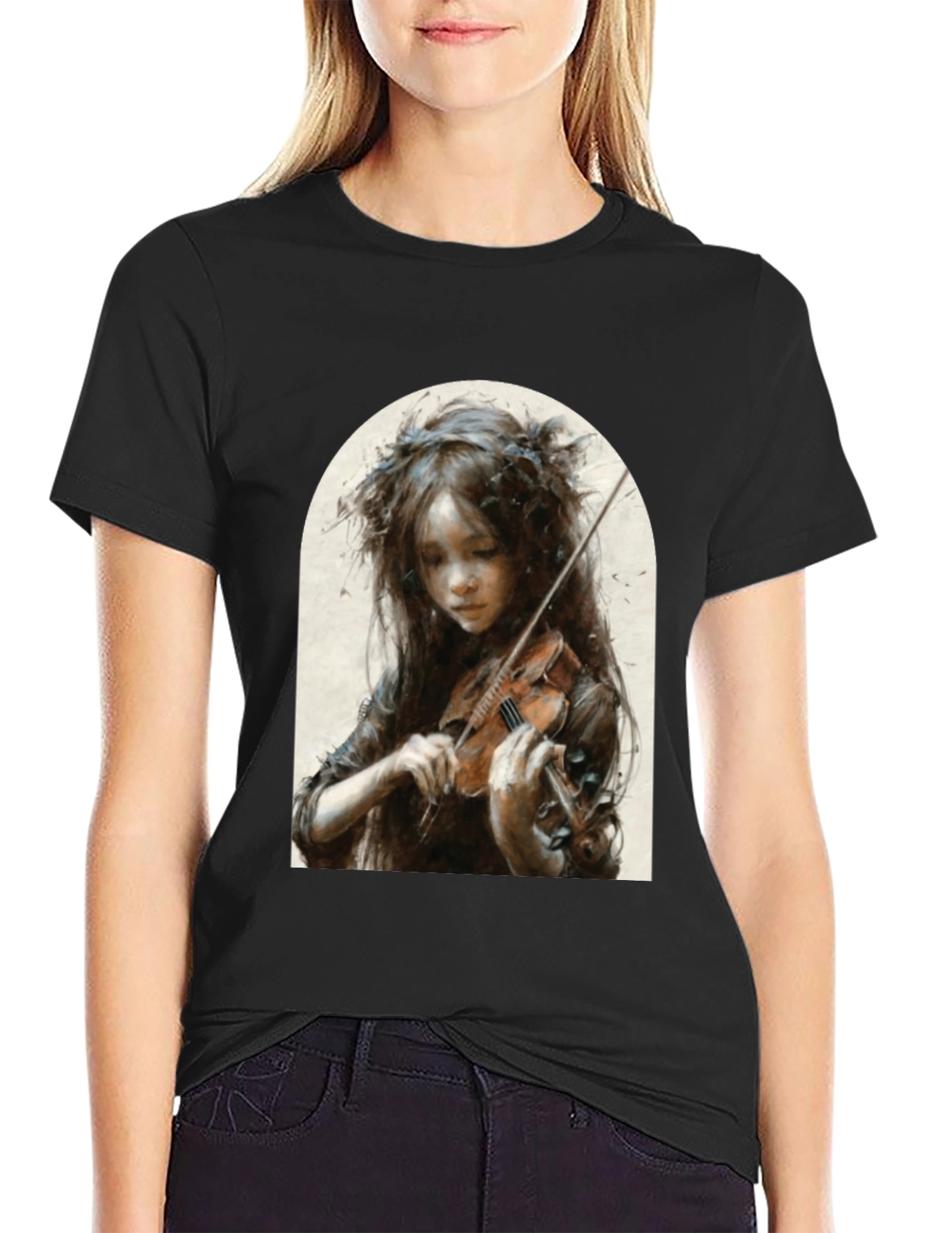 Girl Playing Violin Graphic T-Shirt - Black