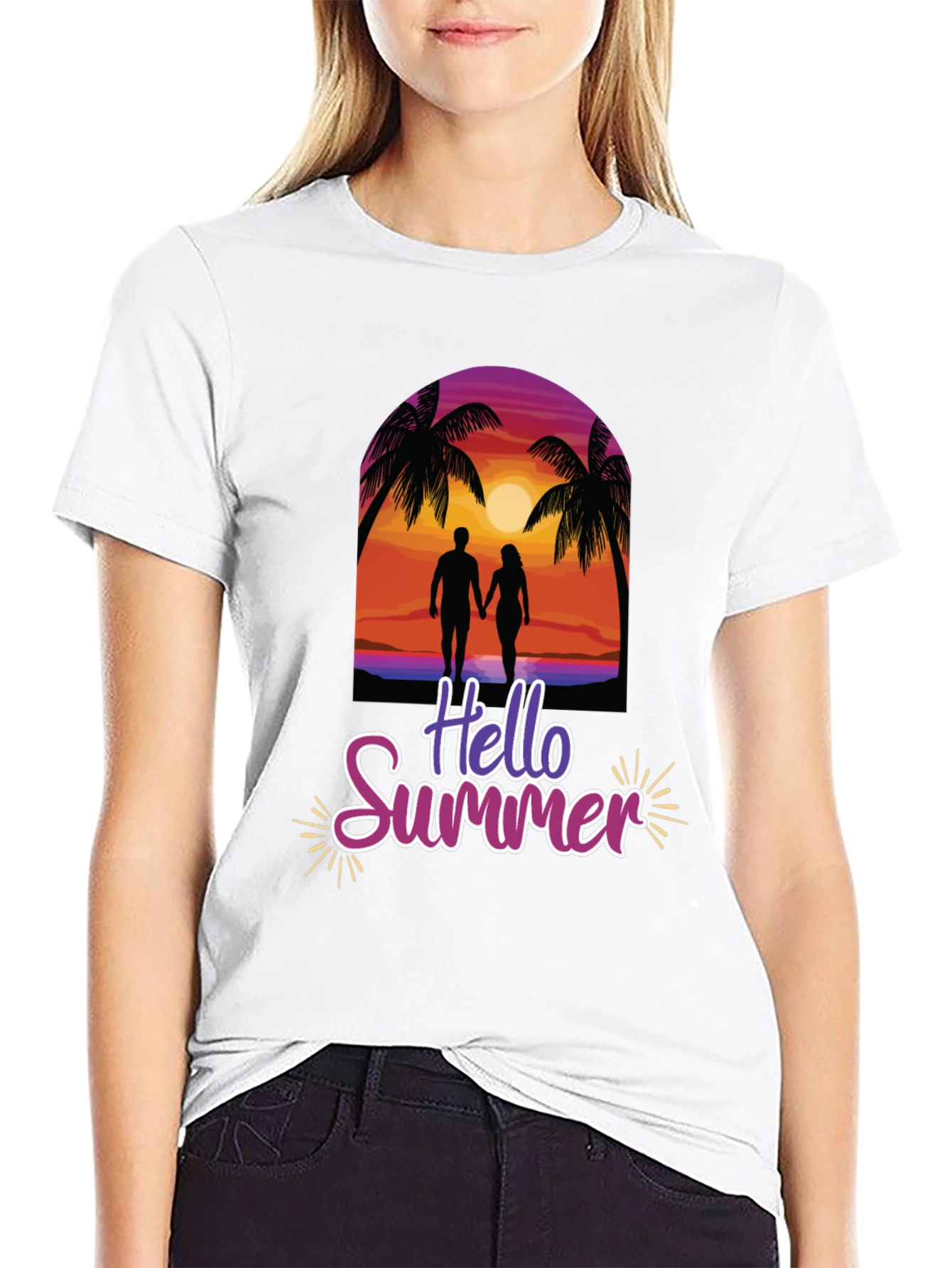 Hello Summer Graphic Tee - Beach Sunset Design