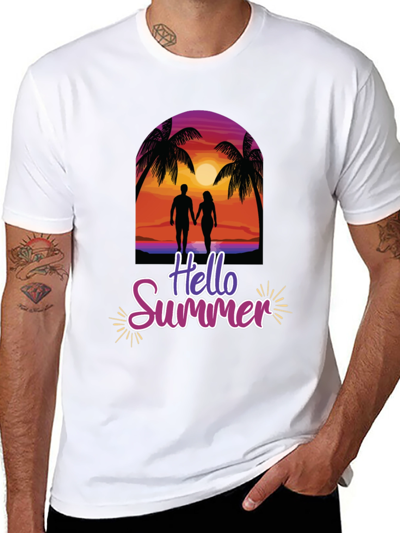 Hello Summer Graphic Tee - Beach Sunset Design