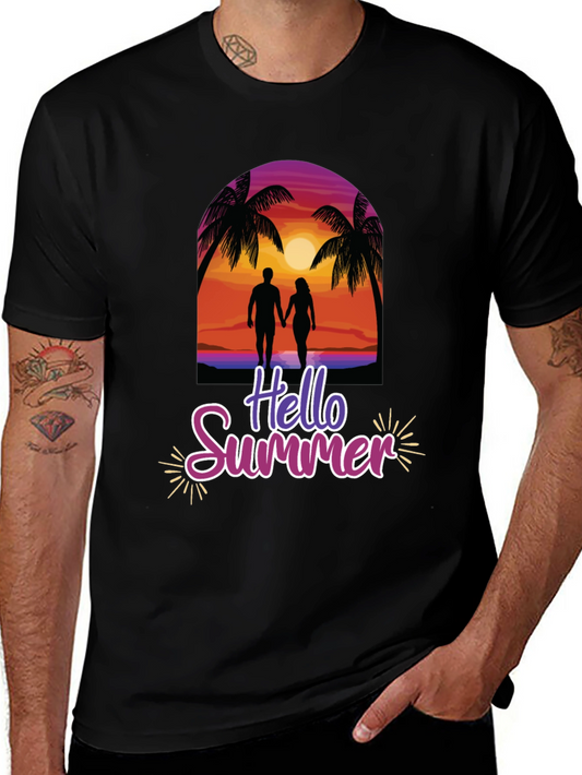 Hello Summer Graphic Tee - Beach Sunset Design
