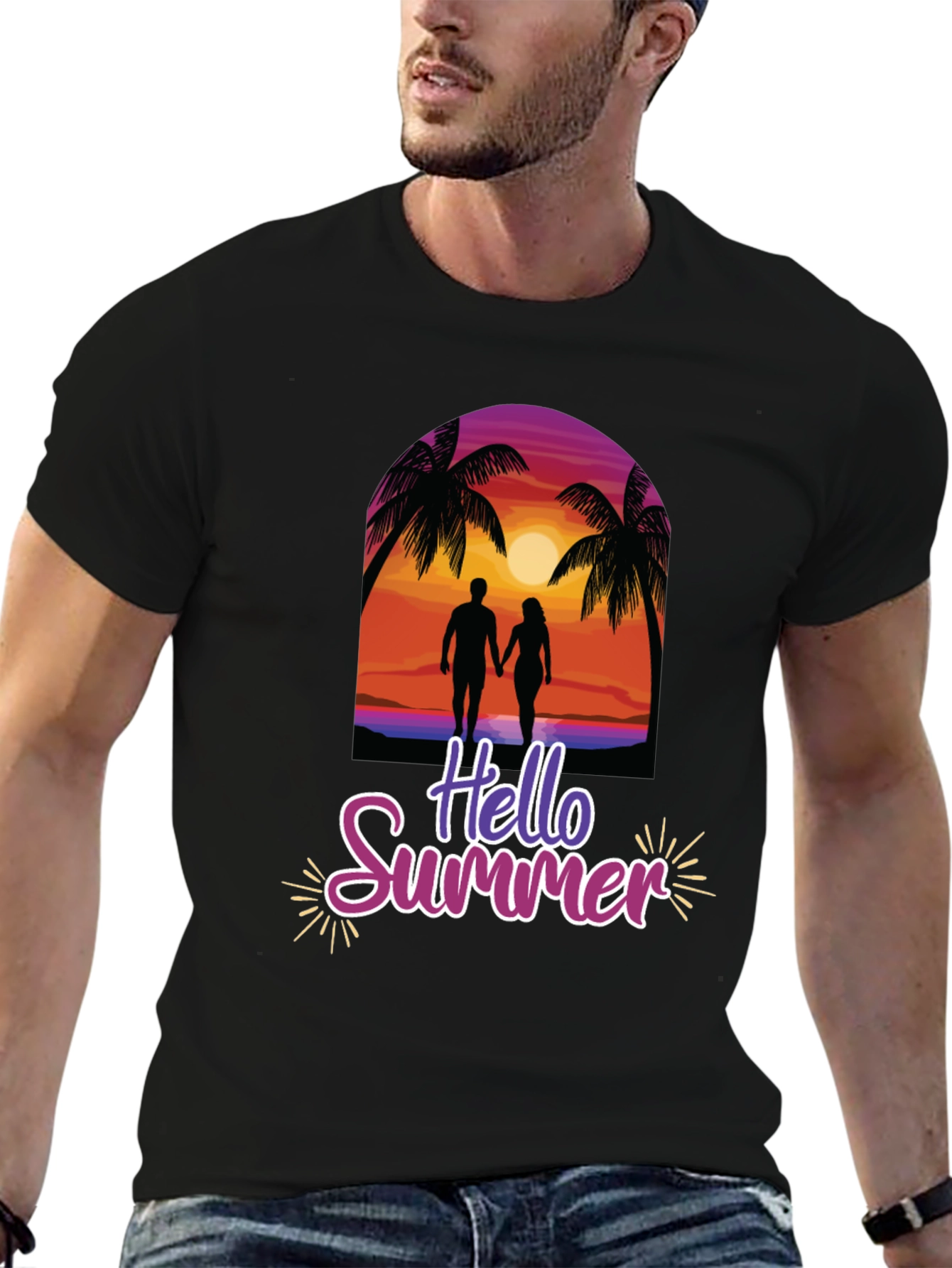 Hello Summer Graphic Tee - Beach Sunset Design