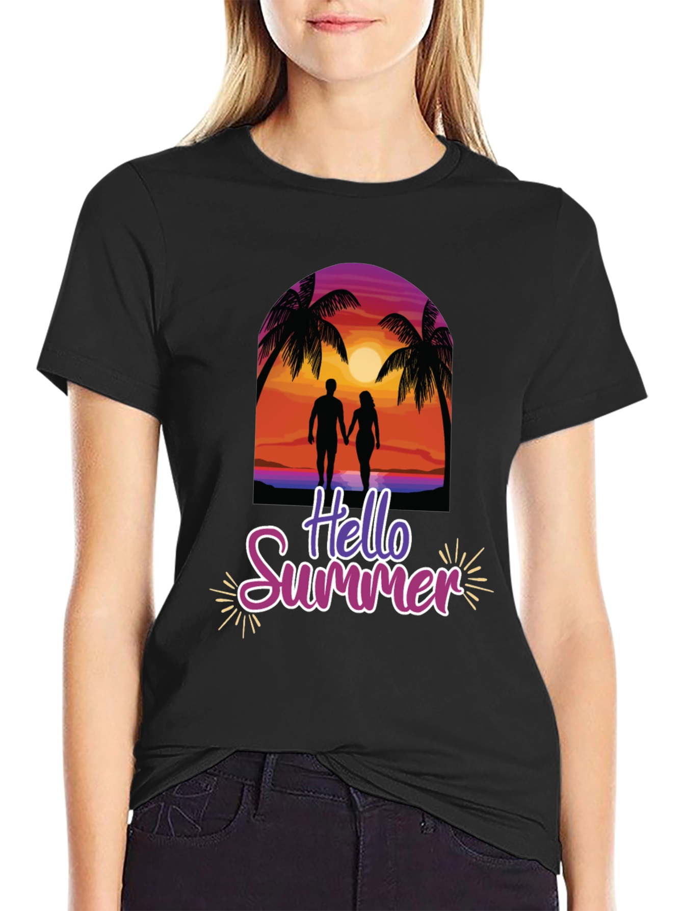 Hello Summer Graphic Tee - Beach Sunset Design