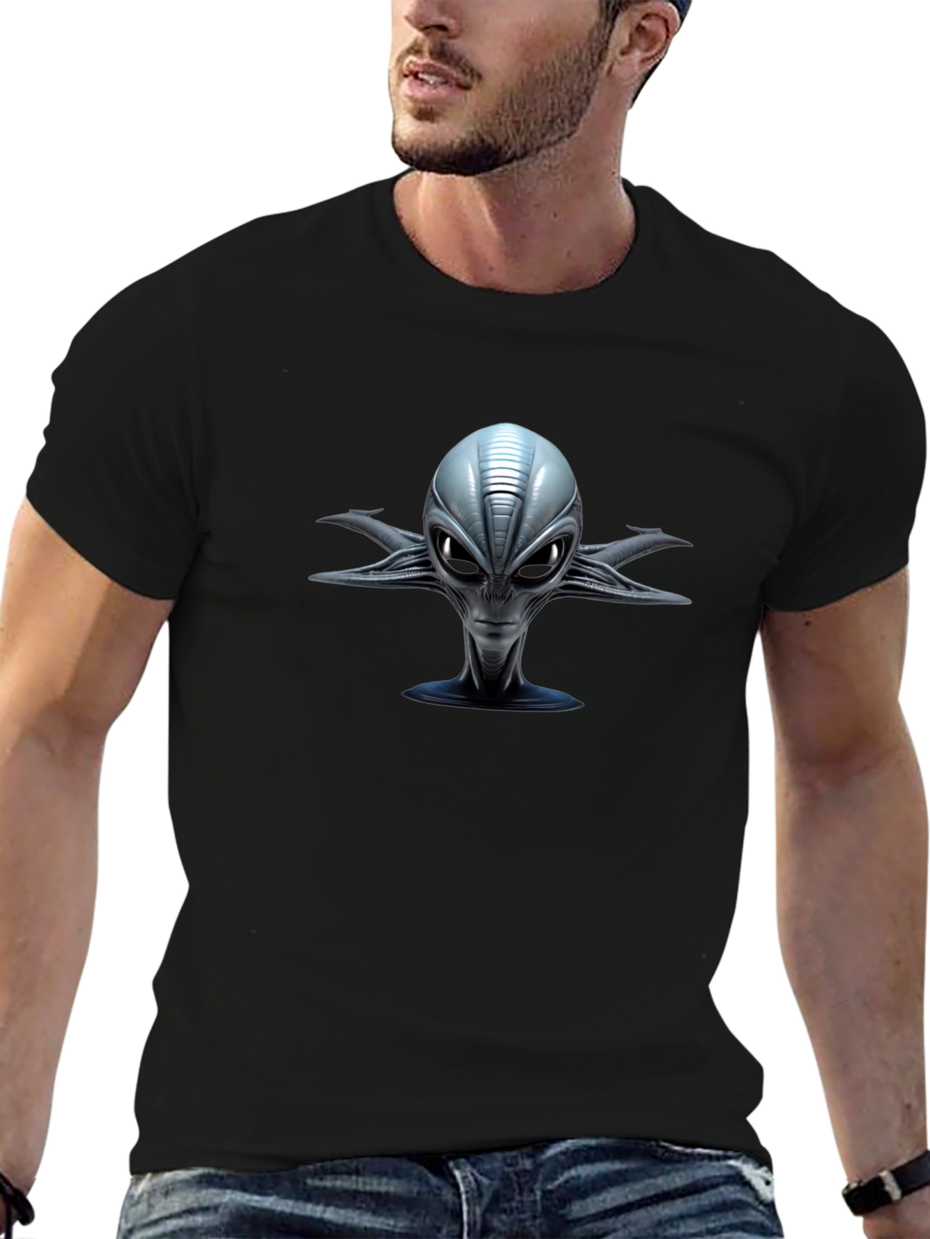 Alien Head Graphic Print Black T-Shirt