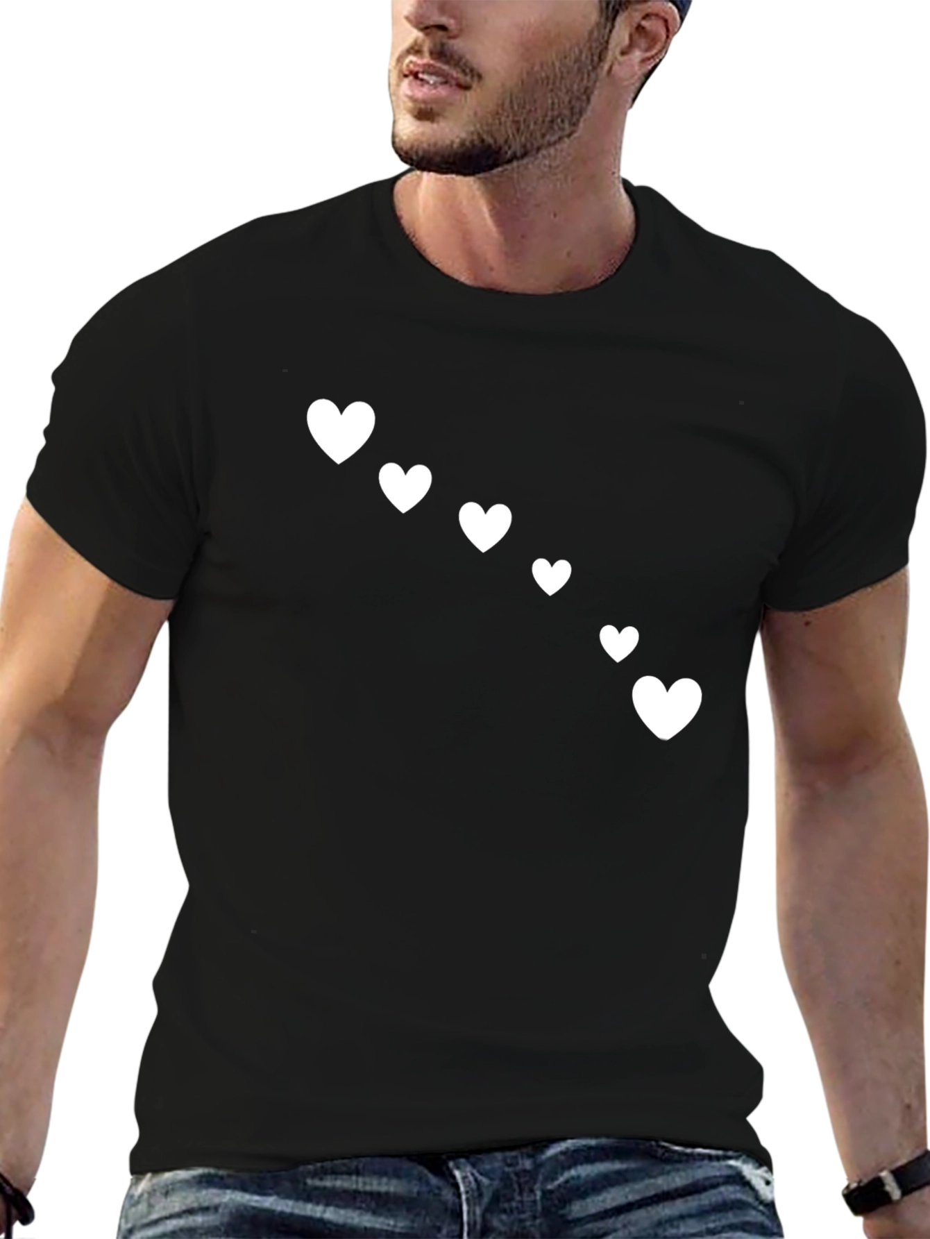Heart Print Black Casual T-Shirt