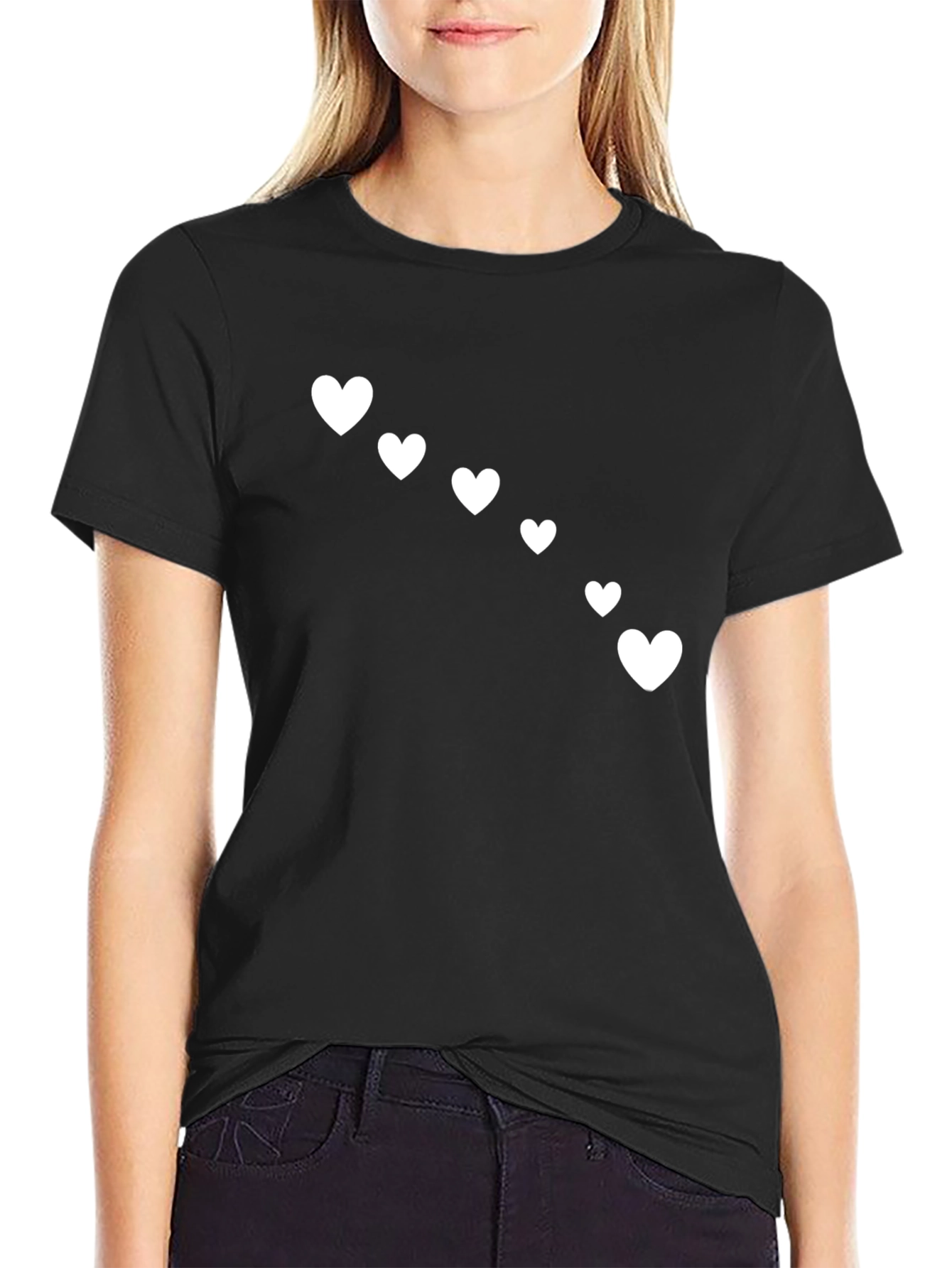 Heart Print Black Casual T-Shirt