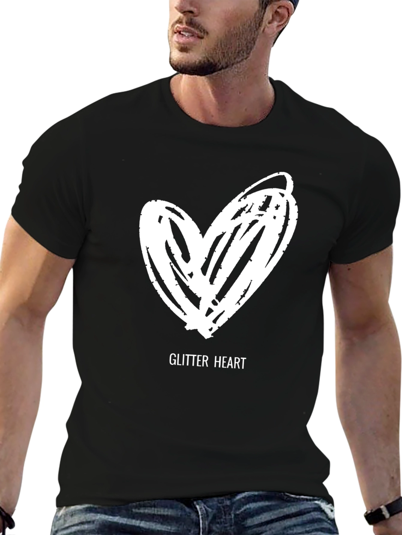 Glitter Heart Graphic Tee - Black Casual T-Shirt